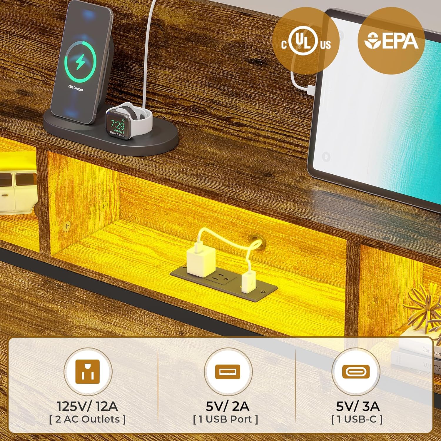 Base de cama tamaño Queen con cabecera de luz LED, estación de carga USB-CA, plataforma de metal con cajones de almacenamiento, cabecera de