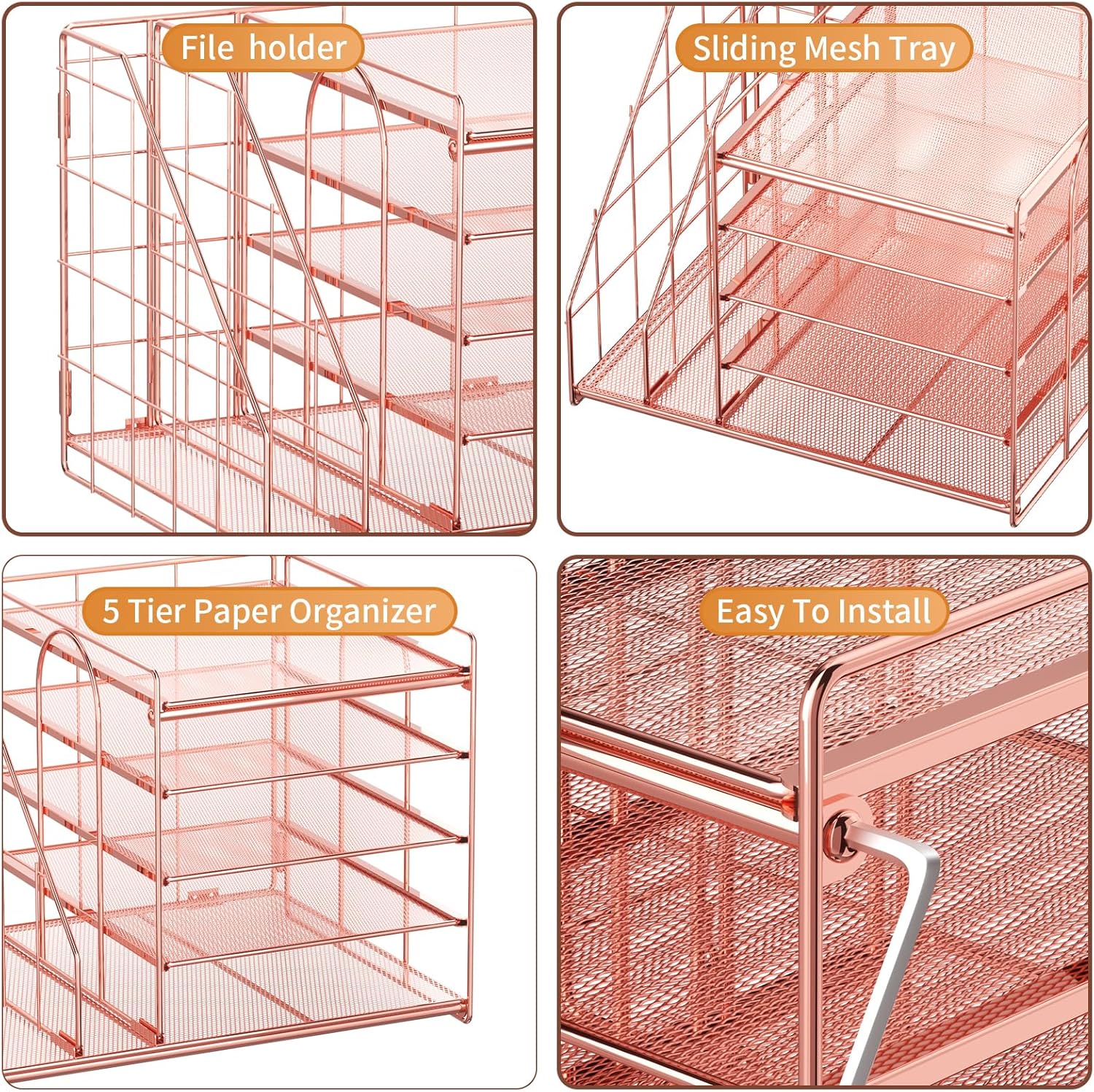 Marbrasse Organizador de escritorio con soporte para archivos, bandeja de papel de 5 niveles, accesorios de escritorio de malla, soporte para
