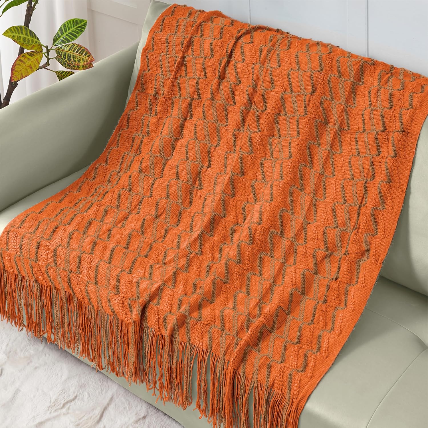Homiest Manta decorativa de punto con flecos, manta ligera de punto acrílico, manta tejida con textura ondulada, manta suave y acogedora con borlas