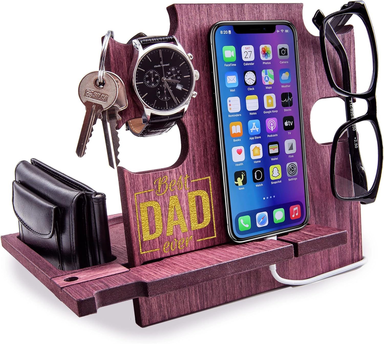 Gretaoto Design – Estación de acoplamiento para hombres, organizador de escritorio de madera, grabado dorado con texto en inglés “Best Dad Ever”,