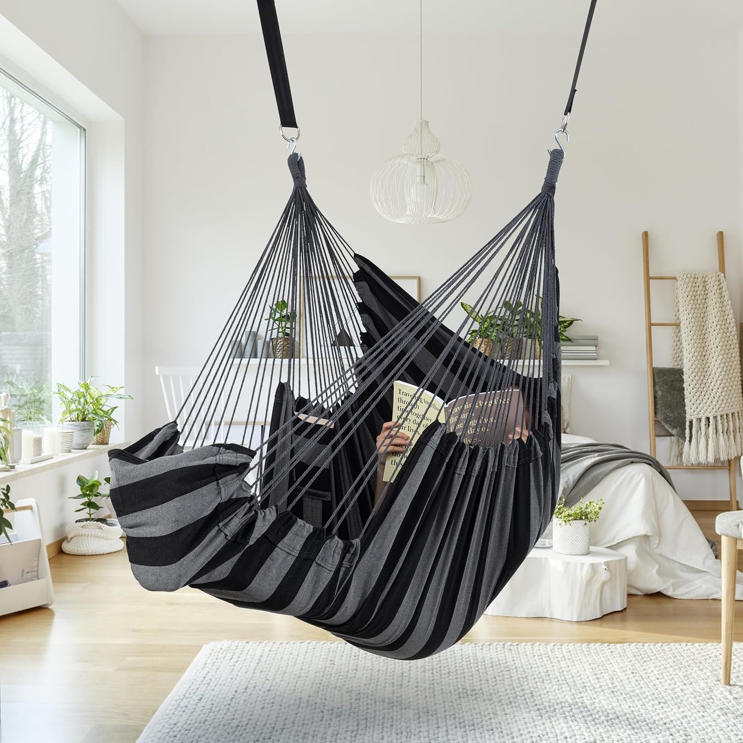 Jelofly Silla hamaca grande colgante con soporte para pies y bolsillo máximo de 500 libras, cómoda silla columpio para dormitorio, interior y