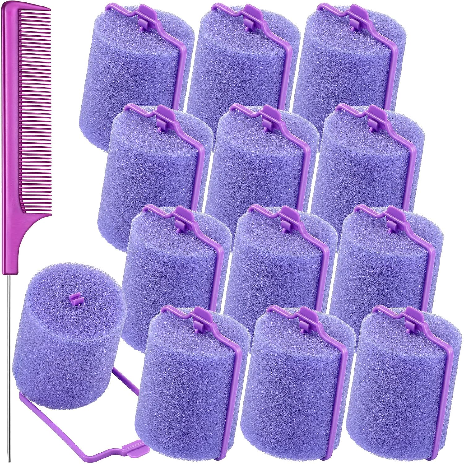 12 rodillos de esponja de espuma, 1.89 pulgadas1.9 in, rizador de pelo suave para dormir, rizador de esponja flexible y peine de cola de rata de