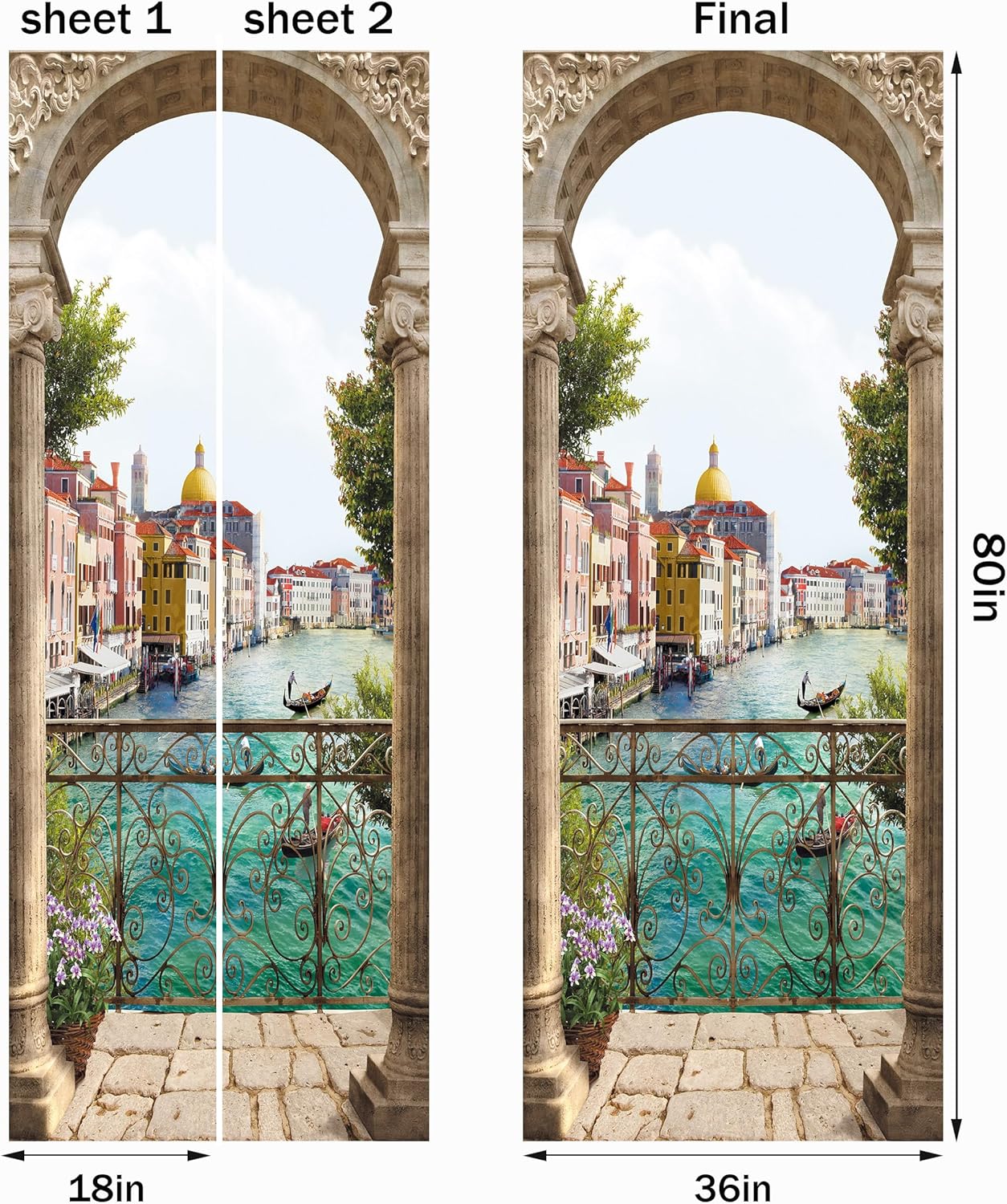 FLFK Calcomanía para puerta  Ciudad del agua italiana, mural de despegar y pegar, tamaño combinado 36 x 80 pulgadas, dividido en 2 piezas