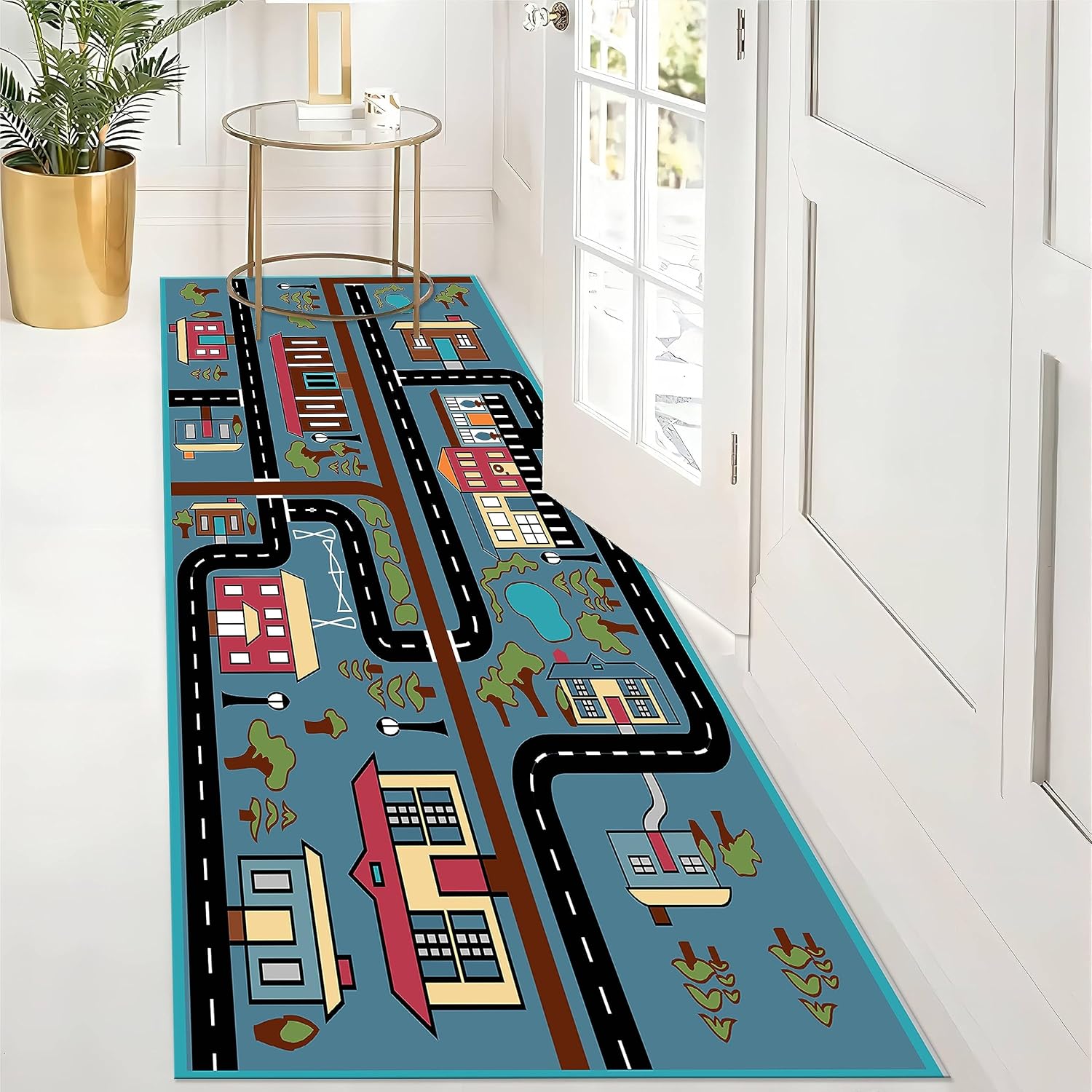 Alfombra de pasillo con vista a la ciudad, 1.3 x 7 pies, mapa de tráfico de la ciudad de dibujos animados, casas, carreteras, pistas de automóvil,