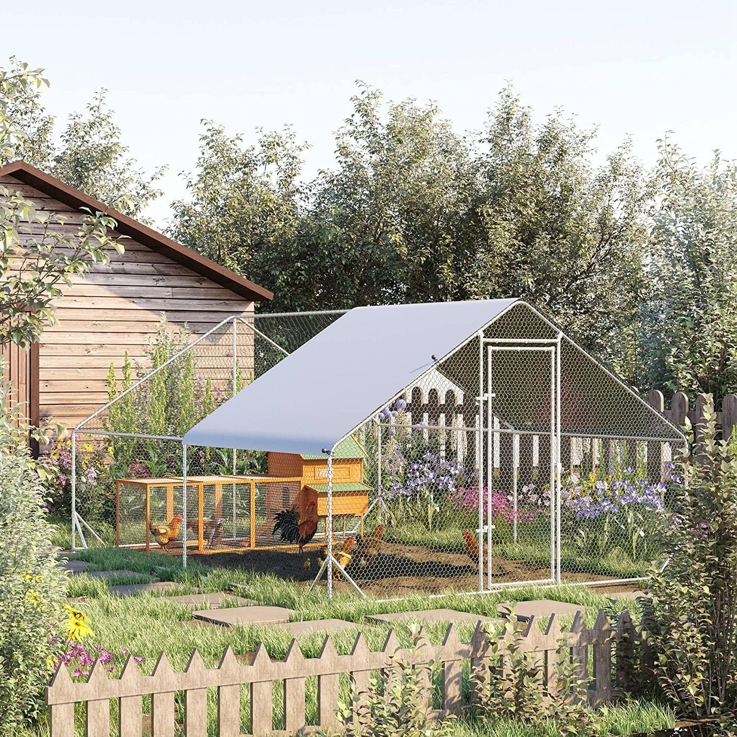 Jaula grande de metal para gallinero de corral, gallinero resistente para patio, con cubierta impermeable y anti-UV para uso en granja al aire libre