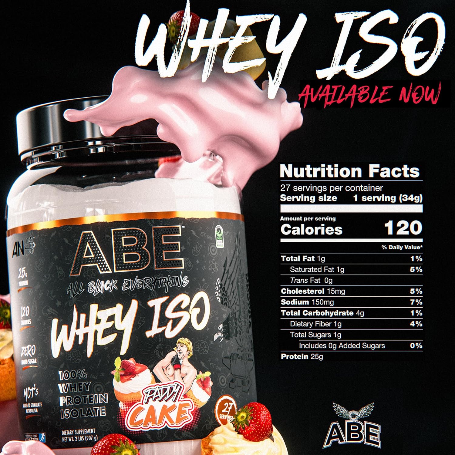 ABE Whey ISO – All Black Everything 100% aislado de proteína de suero con trozos de fresas reales  Después del entrenamiento, 0.88 onzas de