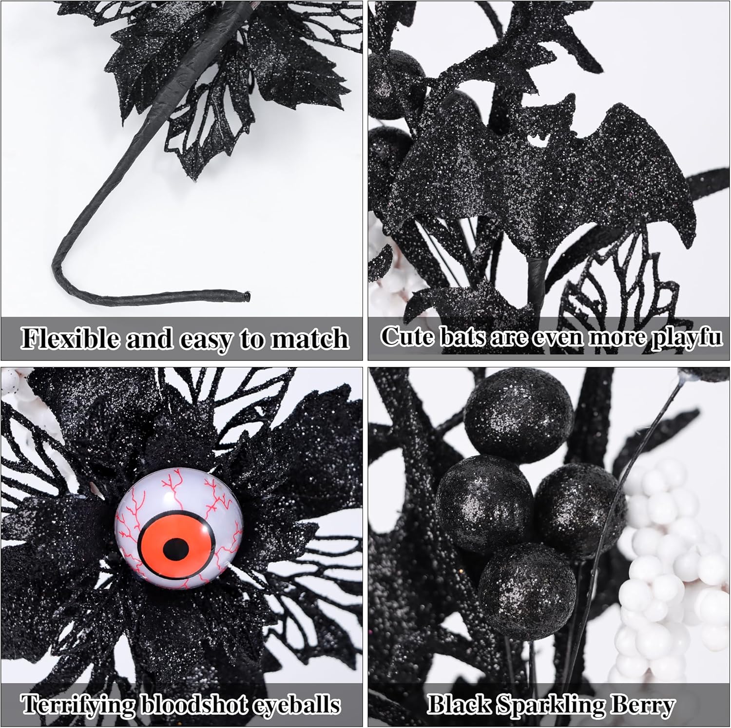 4 piezas de flores artificiales negras con purpurina de Halloween, murciélago, rayas de sangre del diablo, tallos de ojos para decoración del hogar