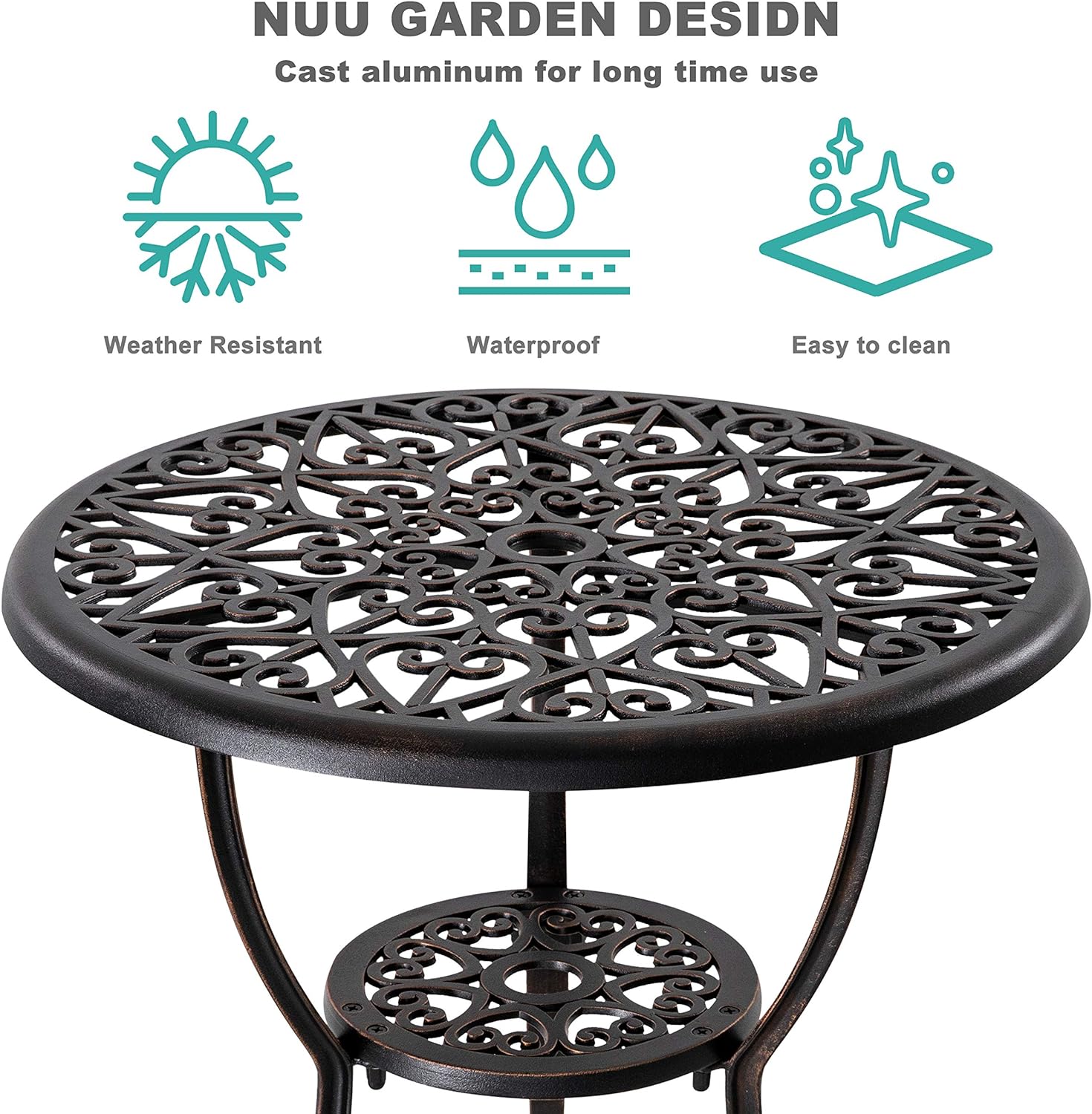 NUU GARDEN Bistro – Juego de 3 piezas para exteriores de aluminio fundido para todo tipo de clima, juego de mesa y sillas de patio con agujero para