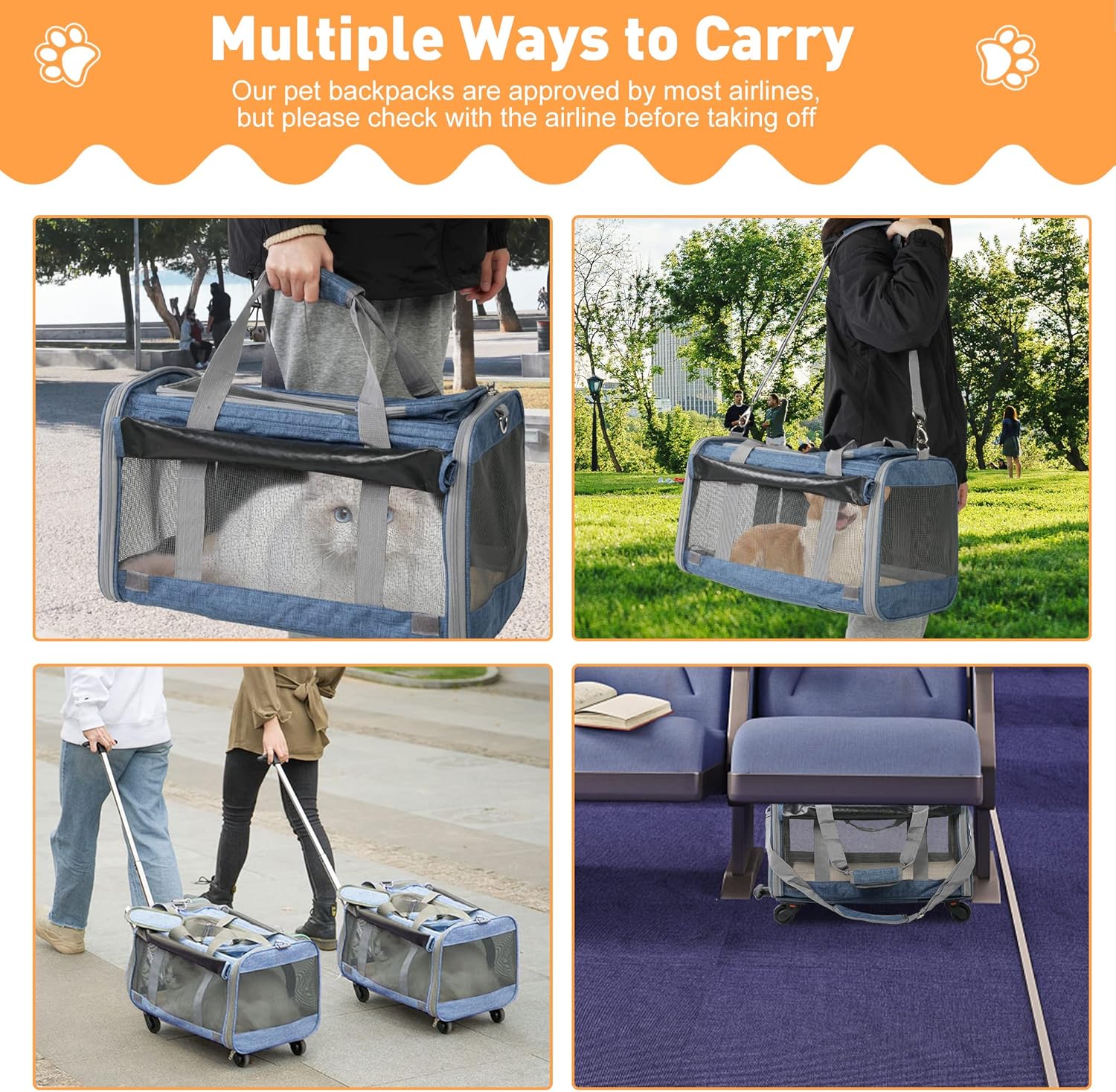 LUCKYERMORE Transportador plegable para mascotas con ruedas para gatos pequeños perros cachorros de hasta 27.5 libras, bolsa portátil para gatos