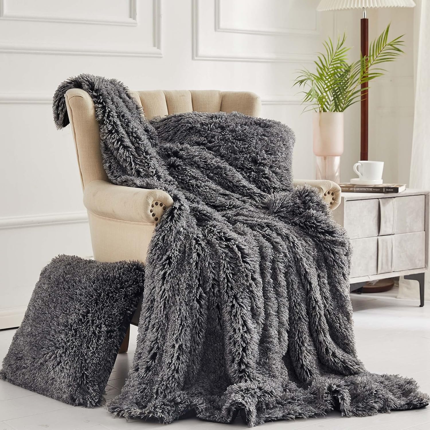 XeGe Juego de 3 piezas de manta y fundas de almohada de piel sintética mullida de 50 x 60 pulgadas, manta de felpa lanuda de forro polar de 20 x 20