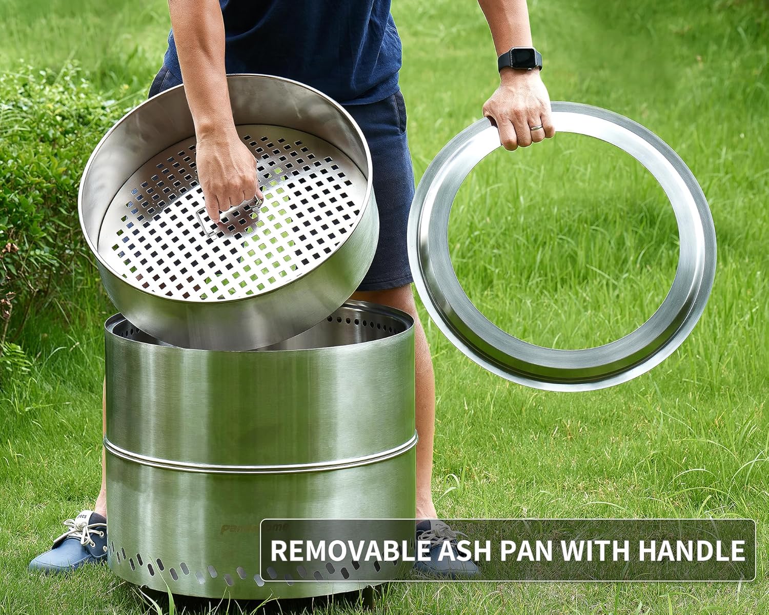 PANDAHOME Fogata sin humo con cenicero extraíble  Chimenea portátil de leña con soportes, hoguera XL al aire libre para campamento, acero inoxidable