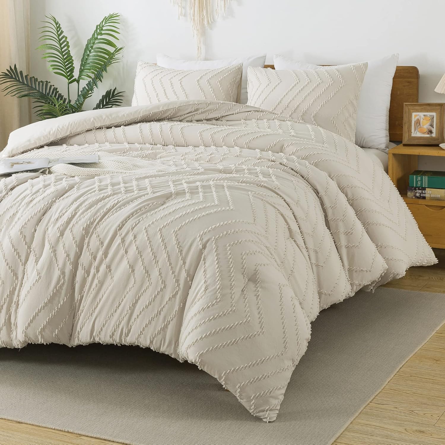 Litanika Juego de edredón de tamaño matrimonial, color beige, bohemio, ligero, esponjoso, juego de ropa de cama para cama, juego de cama de 3 piezas