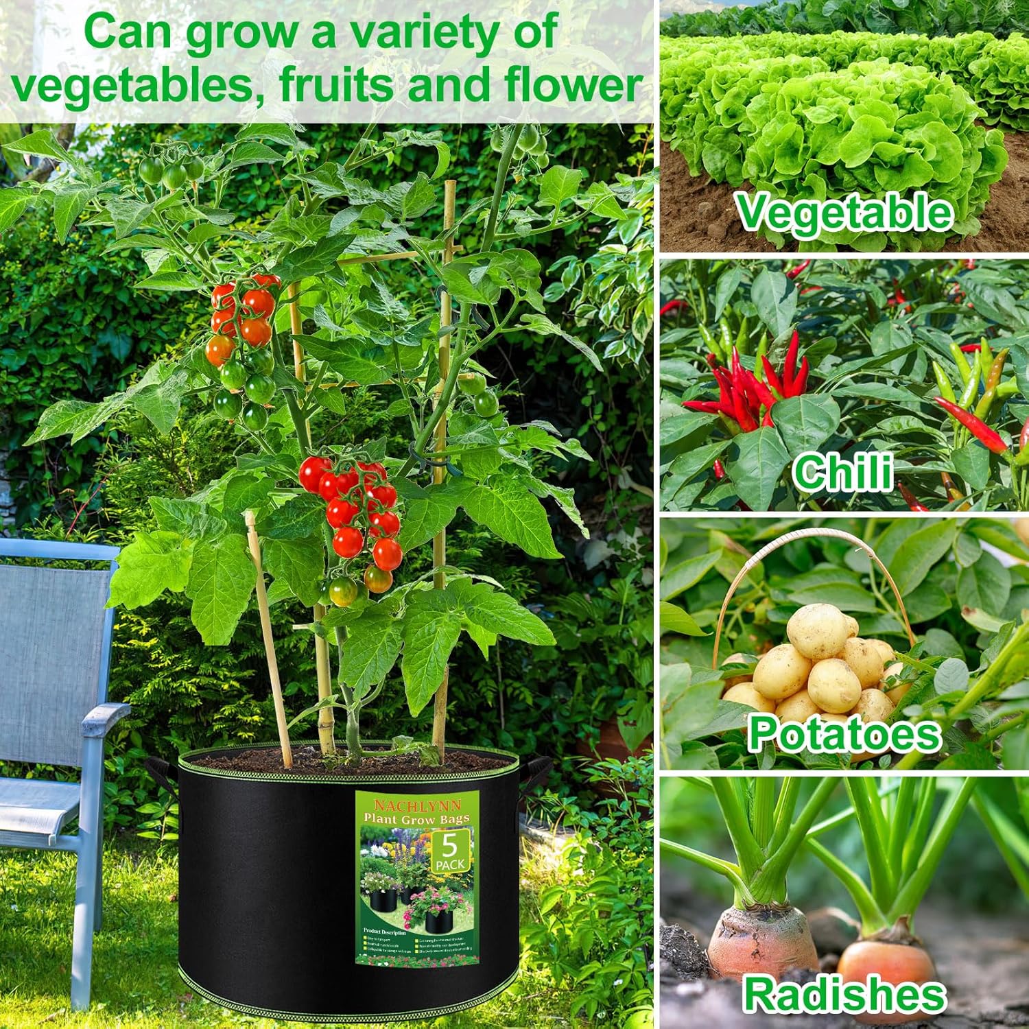 Paquete de 5 bolsas de cultivo de 15 galones, macetas de tela no tejida gruesa con asas para plantas para jardinería, frutas, flores, plantas
