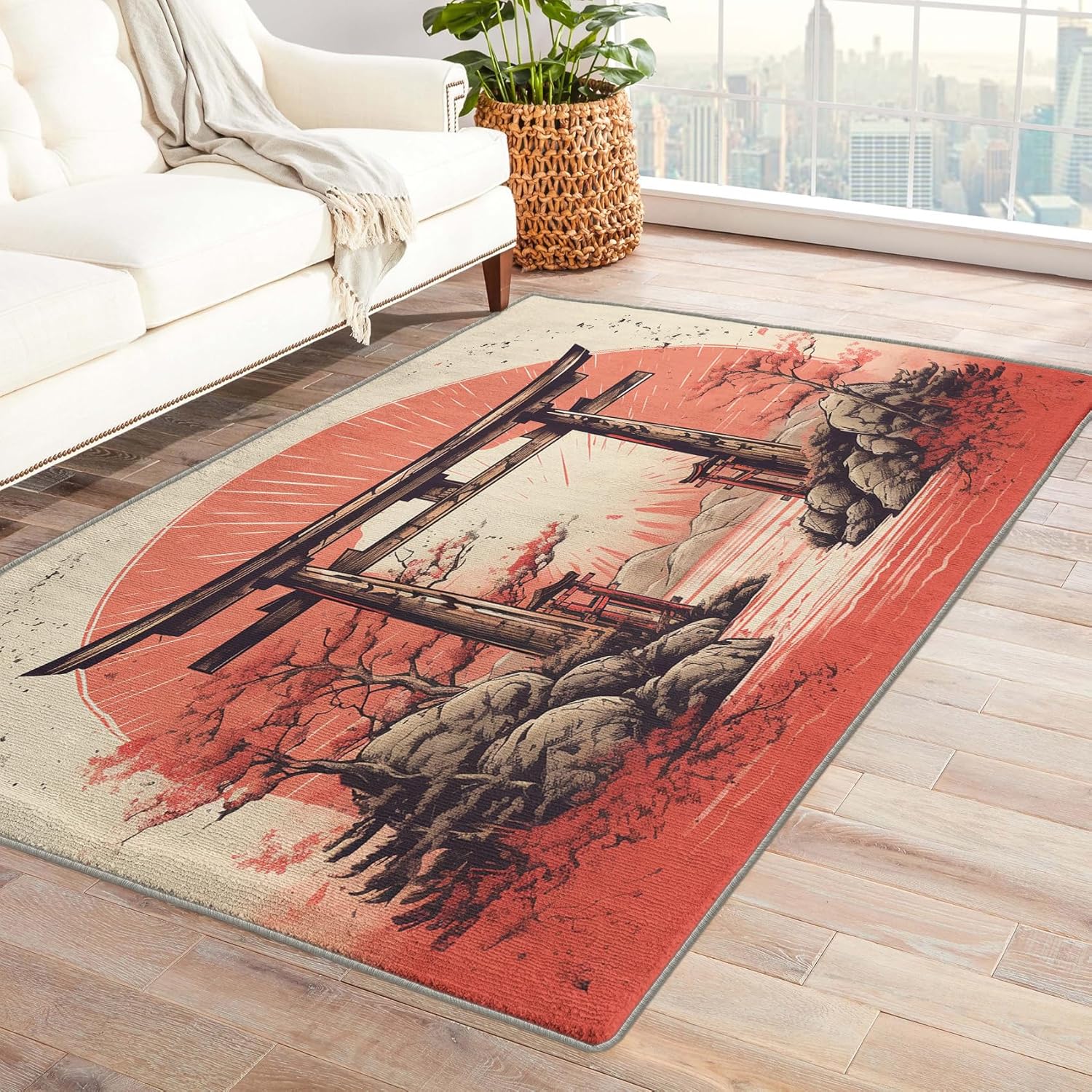 Alfombra japonesa y decoración del hogar, alfombra de 4 x 6, alfombras japonesas Torii para sala de estar, dormitorio, alfombra de estilo asiático,