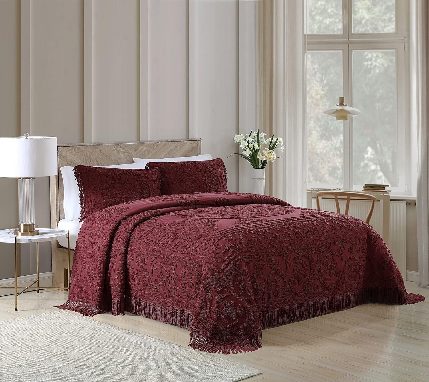 Beatrice Home Fashions – Colcha de felpilla con diseño de medallón, tamaño Queen, color borgoña