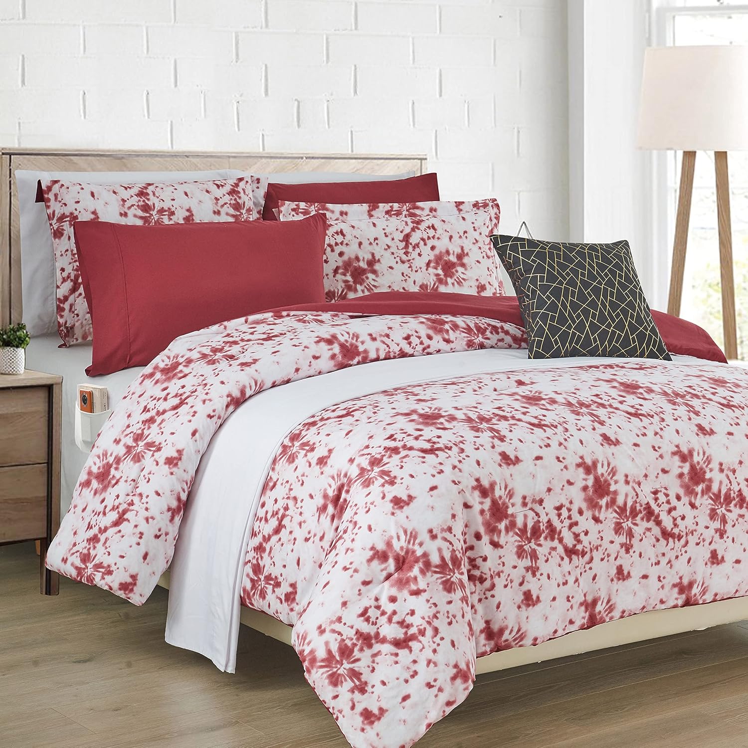 Elegant Comfort Juego de edredón reversible de 10 piezas, estampado de teñido anudado, almohada decorativa y sábana bajera con bolsillos