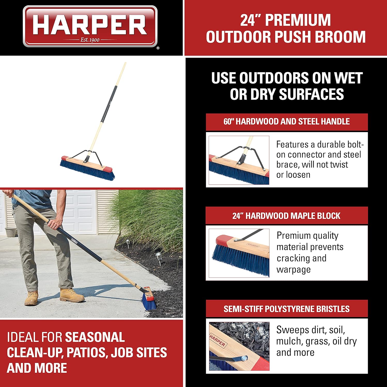 Harper 20201042 Escoba de empuje de superficie rugosa para exteriores de 24 pulgadas con cerdas rígidas, para mantillo, grava, secado al aceite,