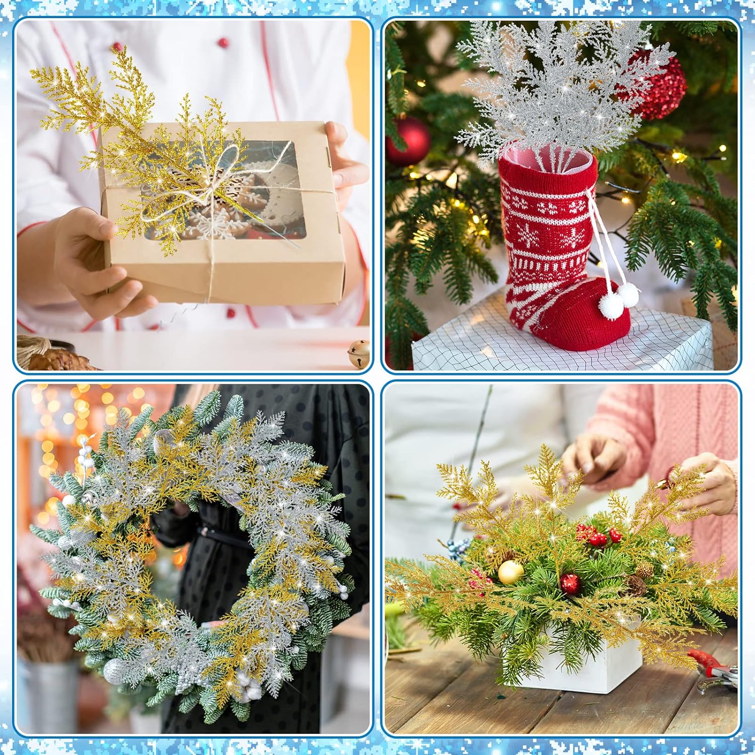 Waydress 32 agujas de pino artificiales de Navidad, ramas con purpurina, hojas, ramitas de pino pequeñas, flores de Navidad, para arreglos verdes,
