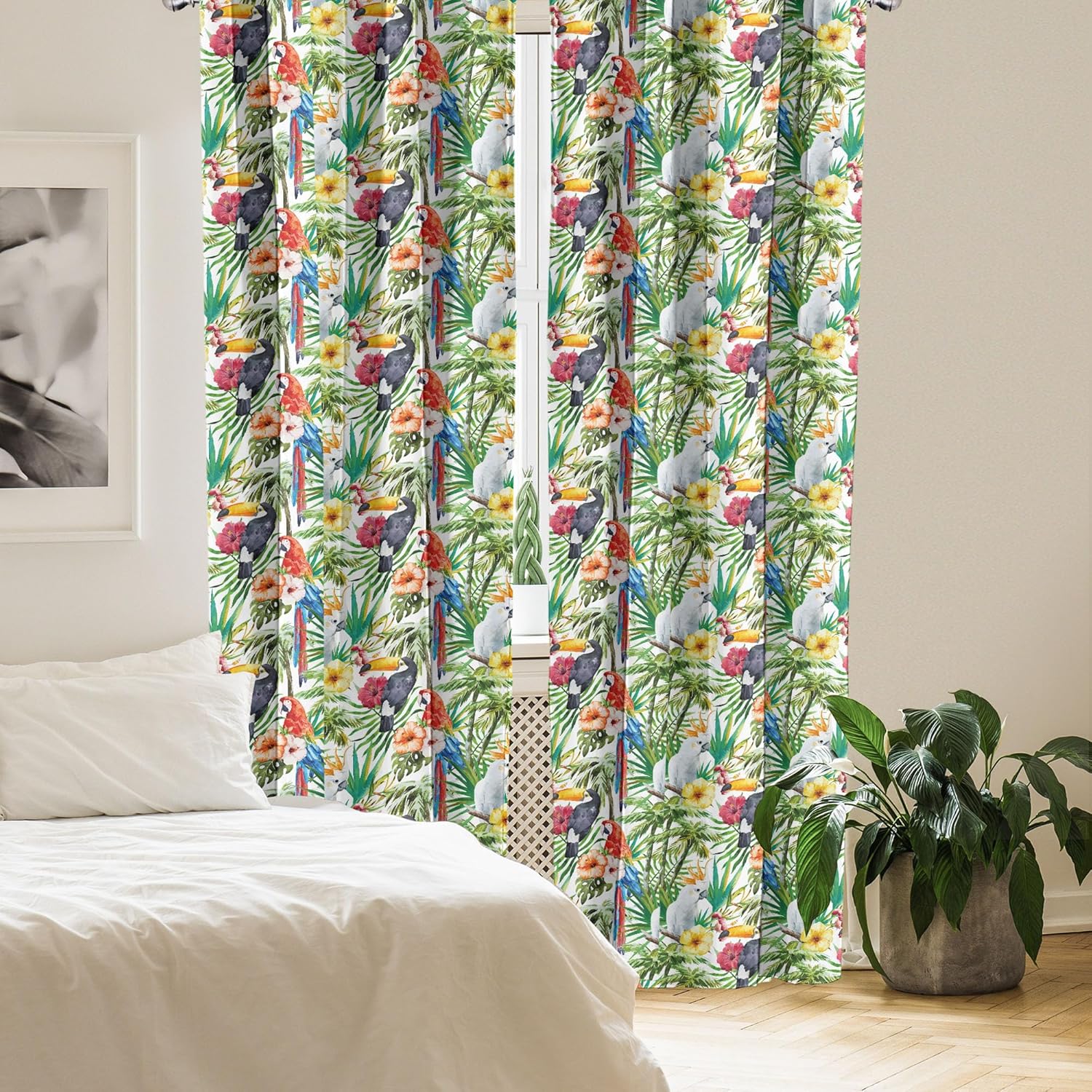 Lunarable Parrots Window Curtains, Watercolored Tropical Animals Toucans and Yellow Crested Cockatoo in The Jungle, Lightweight Decor 2-Panel Set