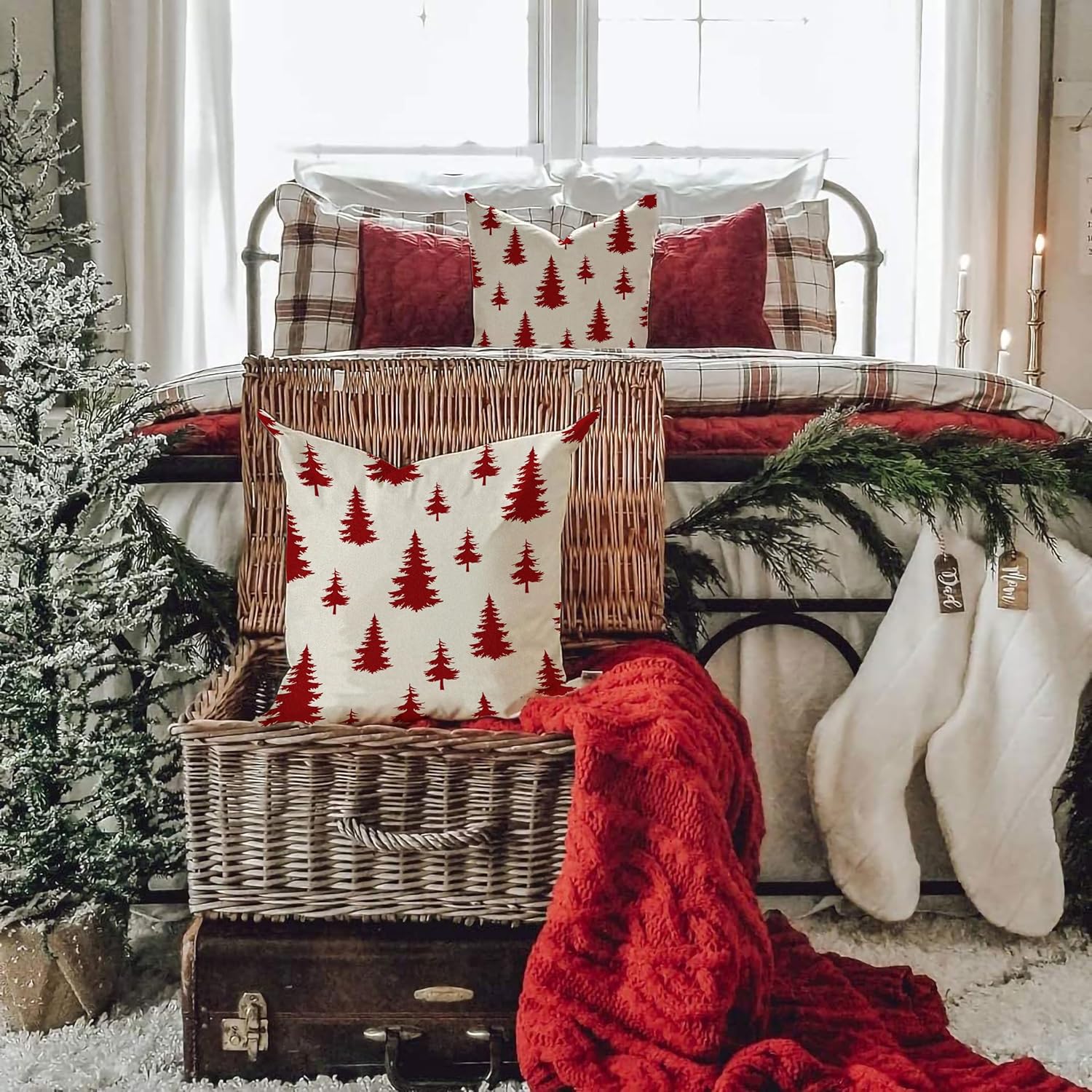 DFXSZ Juego de 2 fundas de almohada de Navidad de 18 x 18 pulgadas, color rojo, decoración de árbol de Navidad blanco, decoración de Navidad para el