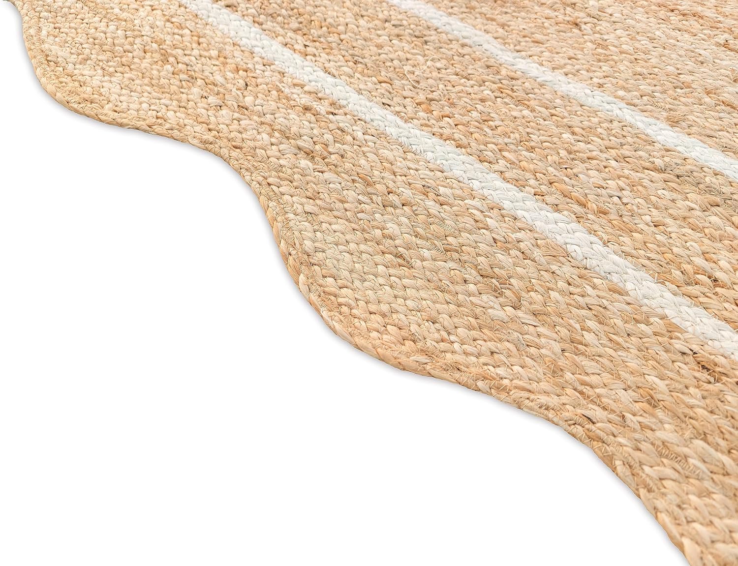 Alfombra ondulada de yute natural festoneada, alfombra de yute bohemio para entrada, alfombra de pasillo de granja, alfombra de vieira color blanco