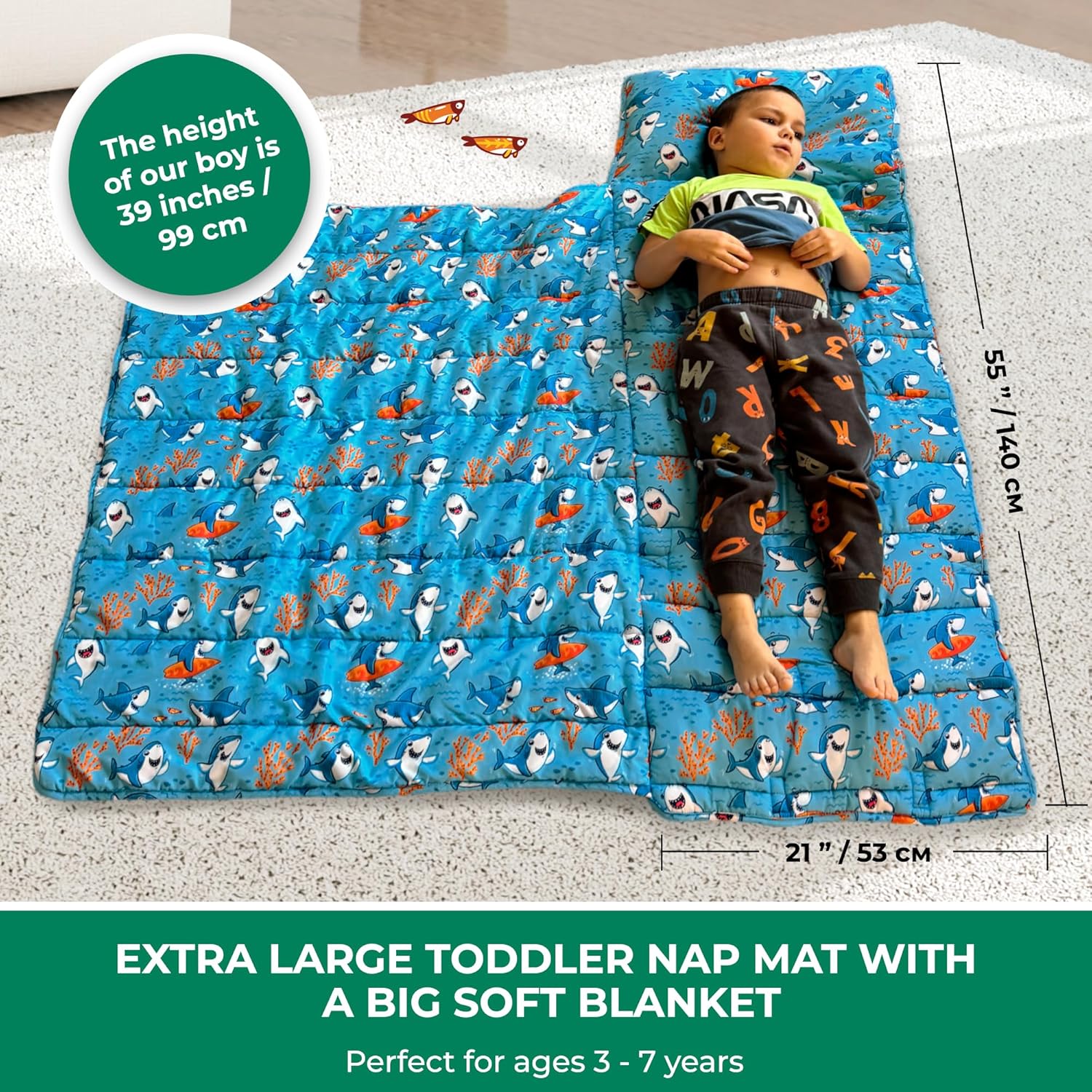 Tapete para siesta para niños pequeños con almohada extraíble, manta ancha. Extra suave, largo saco de dormir enrollado de 55 x 21 pulgadas. Tapete