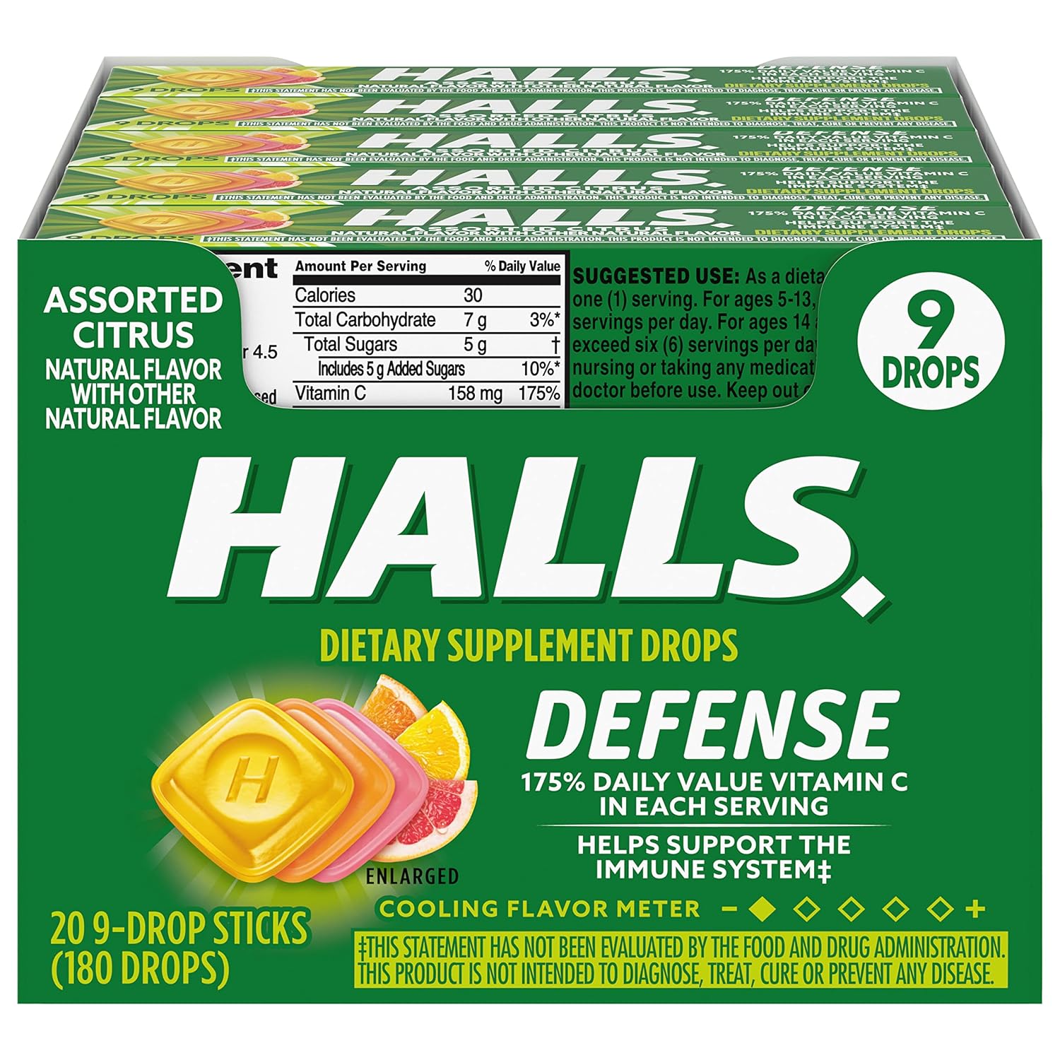 HALLS Defense – Gotas de vitamina C cítricas surtidas, 20 barras de 9 gotas (180 gotas en total)