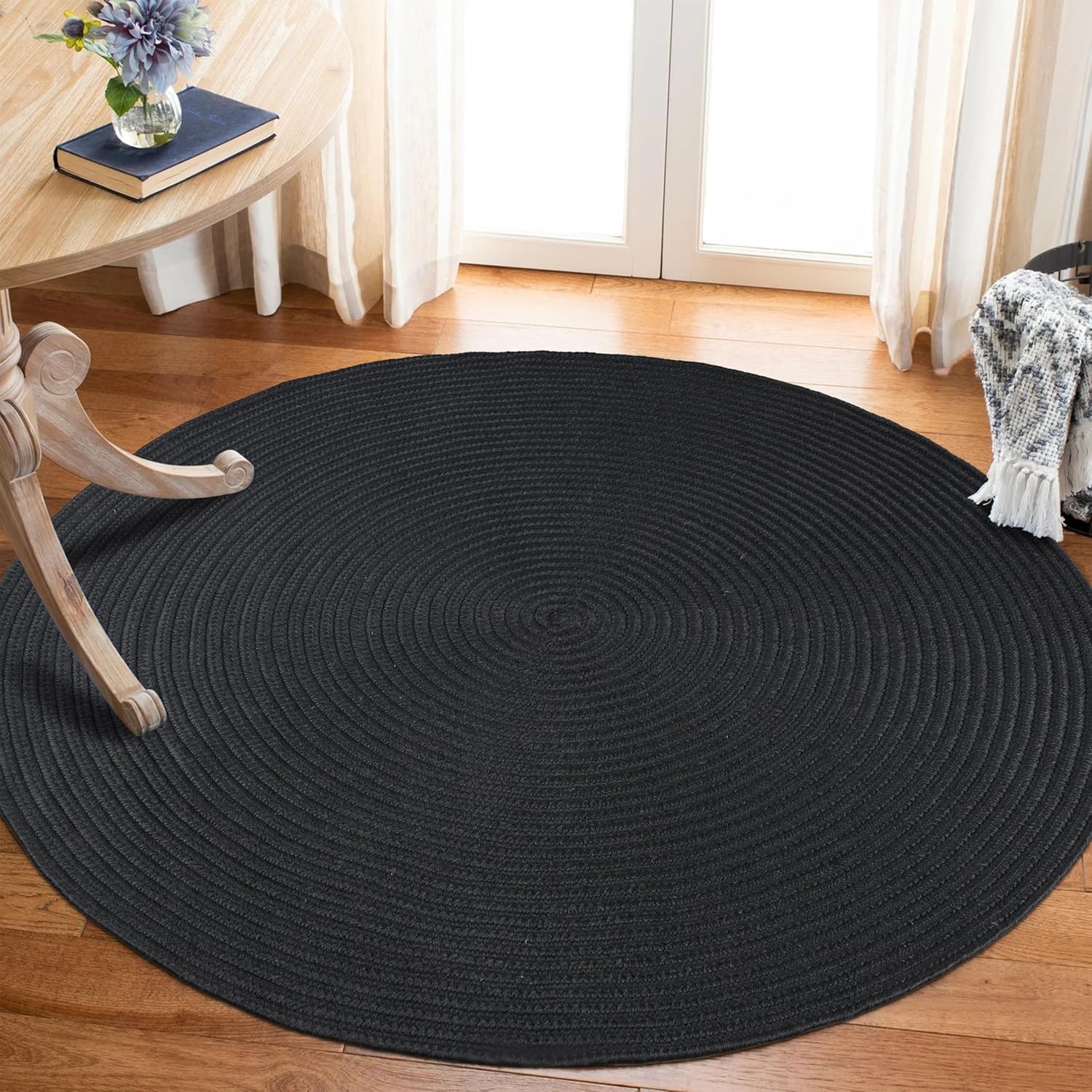 SUPERIOR Alfombra trenzada reversible para interiores y exteriores, 6 pies, redonda, color negro