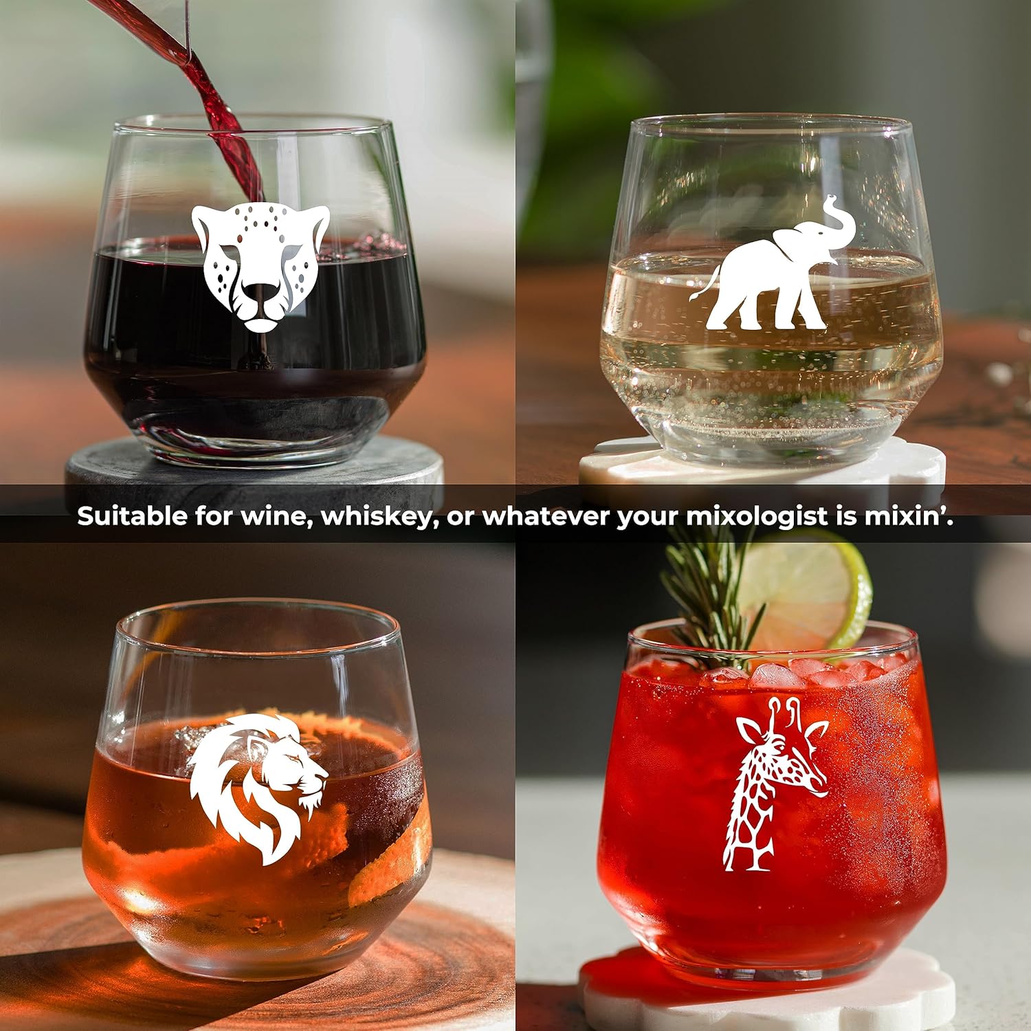 HEY THAT’S MY GLASS Copas de vino sin tallo, juego de 4, colección Savanna, cristalería identificable para cócteles, vino, whisky y agua, no más