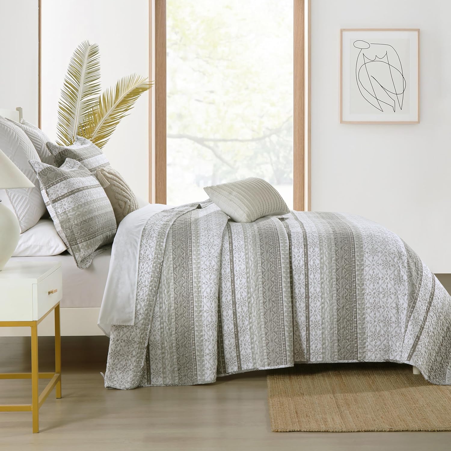 Homzard Juego de edredón Queen con rayas horizontales grises y blancas, vintage, geométrico, floral, 100% algodón, juego de ropa de cama de 3 piezas