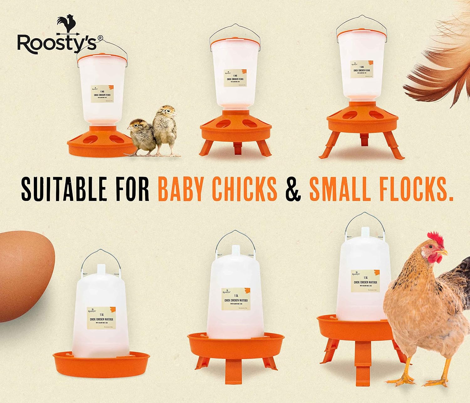 Roosty’s – 2 comederos para pollitos de 3.3 lbs de llenado superior y bebedero para pollos de 1,5 l – Comederos y bebederos de pollo  Comedero