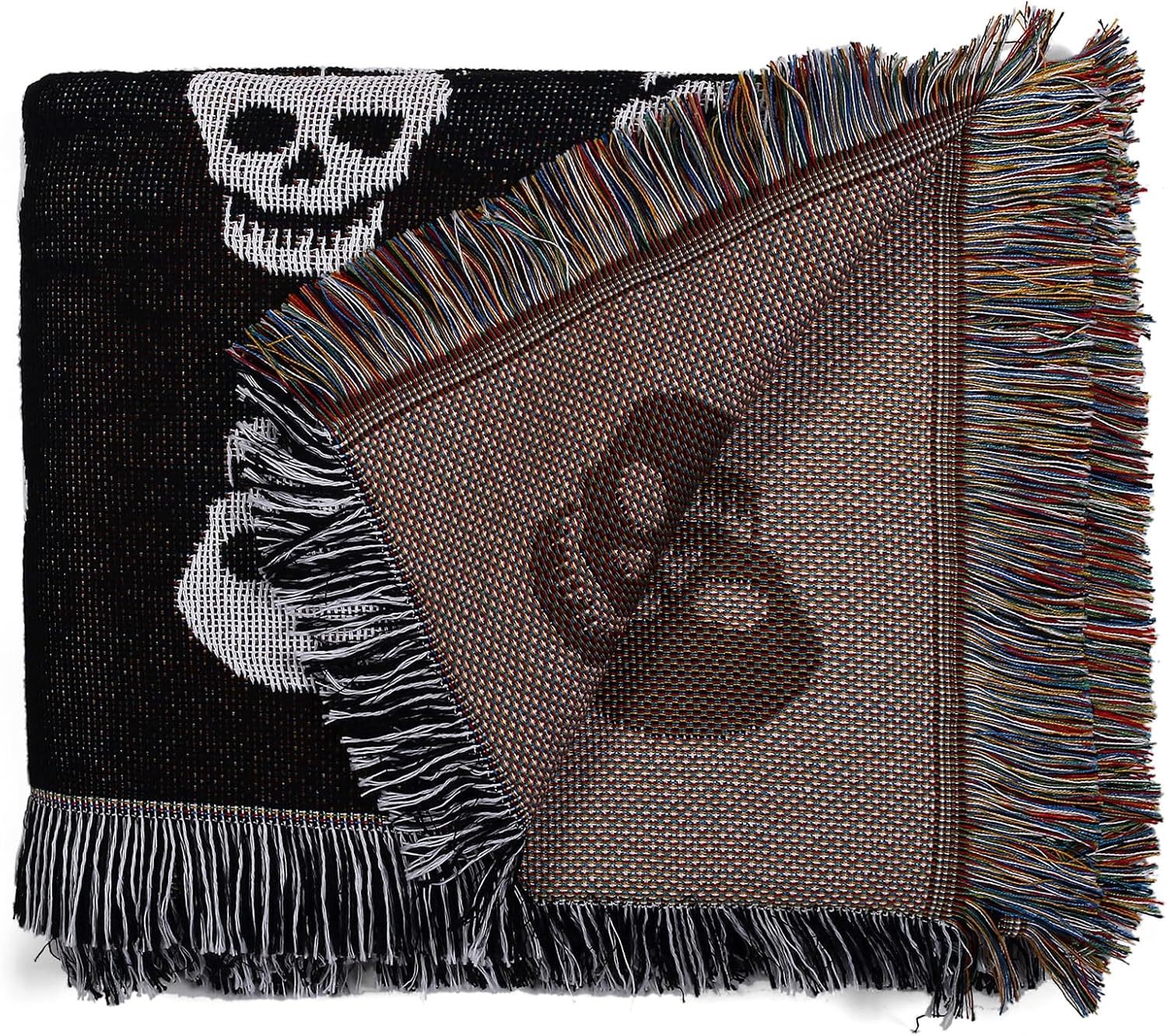 Manta bohemia reversible de algodón, tapiz bohemio hippie para decoración de habitación de doble cara (estampado de calavera bohemio, negro, 50 x 60