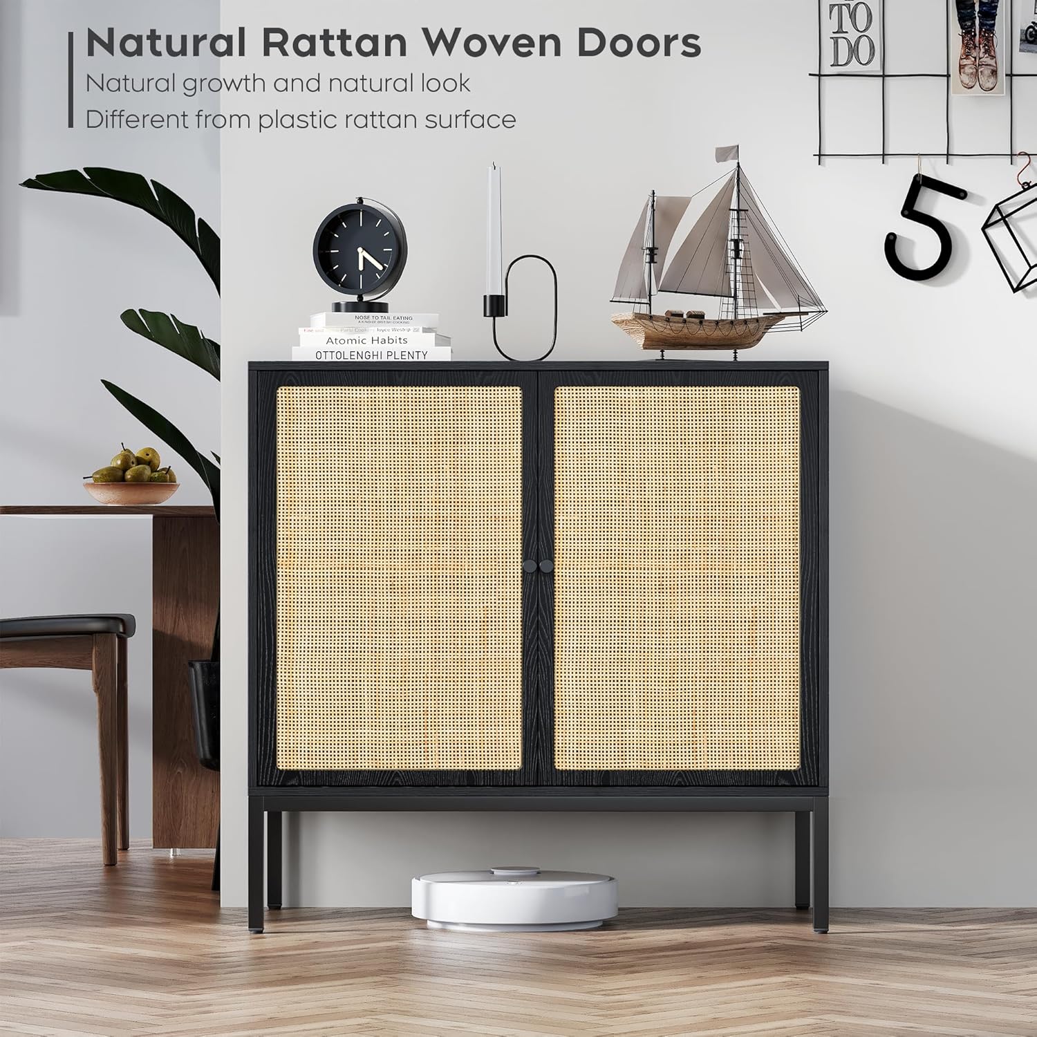 Brafab Juego de 2 gabinetes de ratán para bufé, aparador con puertas decoradas de ratán natural, gabinete de acento, para sala de estar, entrada,