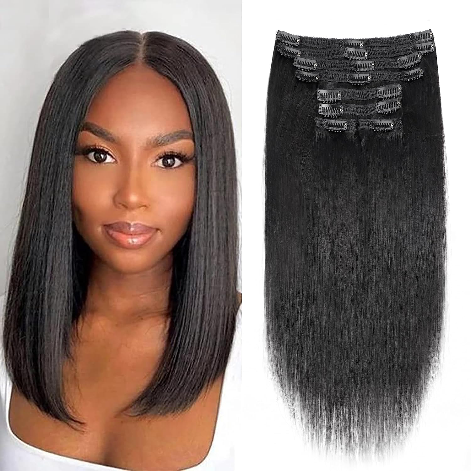 Mihugass Yaki – Extensiones de cabello lacio con clip para mujeres negras, 100% sin procesar, cabello virgen brasileño con clip para cabeza