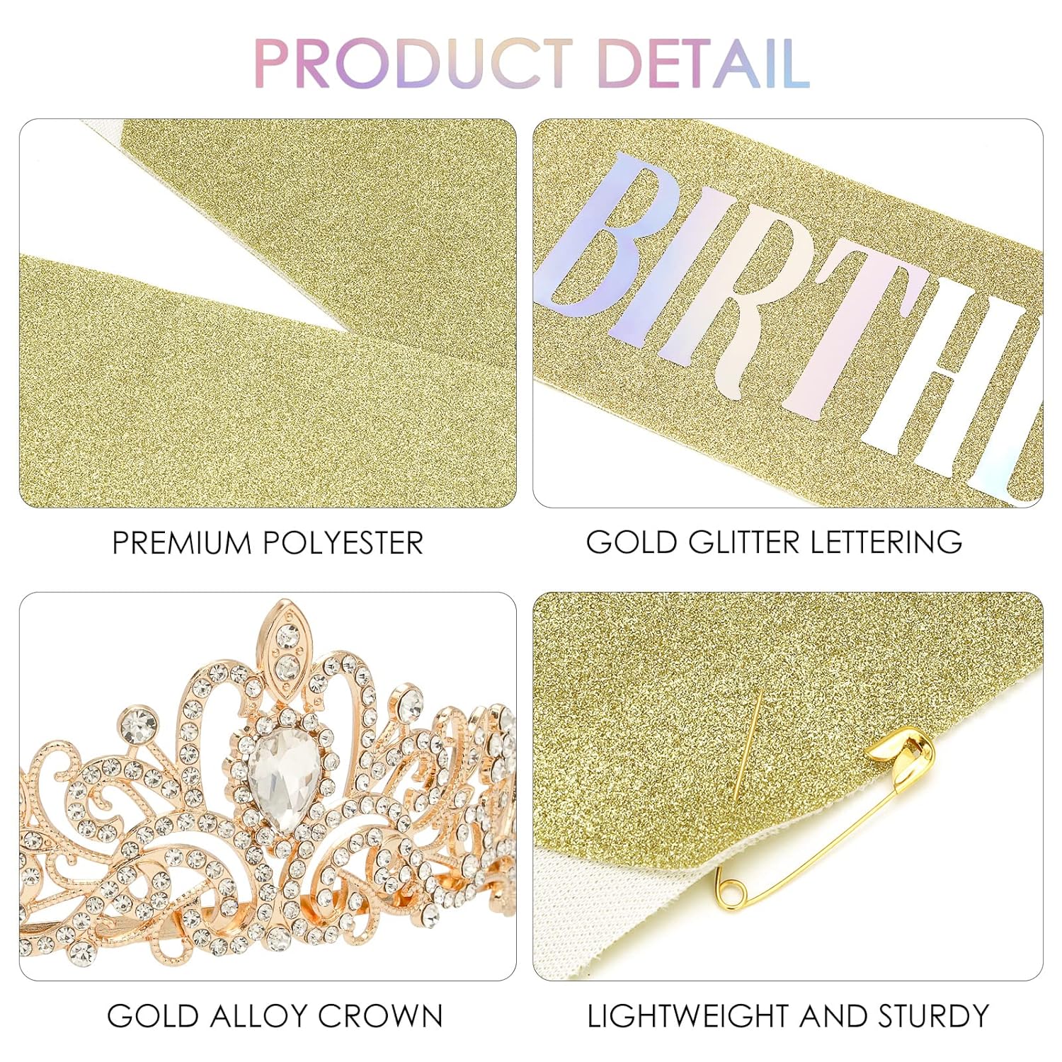 Makone Corona dorada de princesa de cumpleaños con banda de reina de cumpleaños para mujeres o niñas, diadema de cristal, accesorios para el cabello