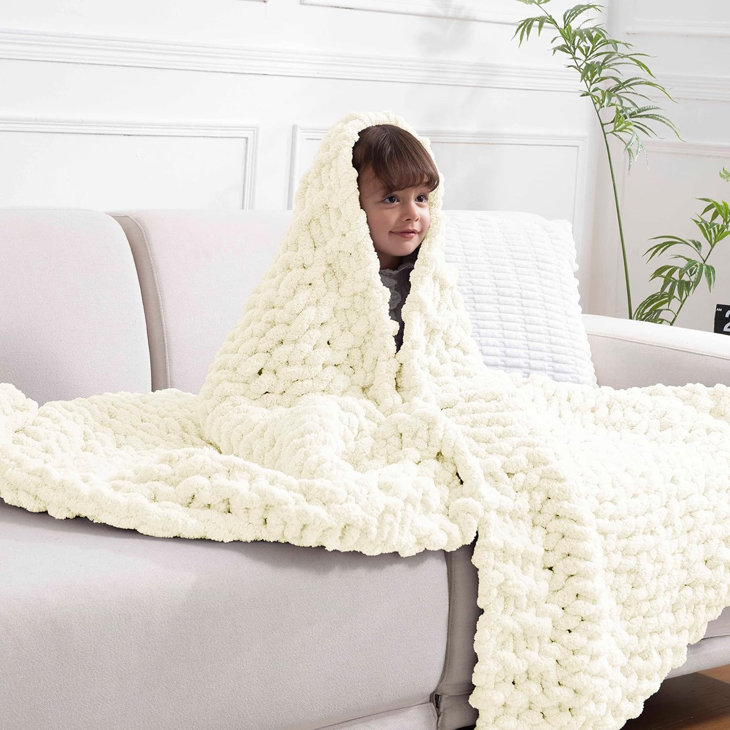 Clootess – Manta de felpilla de punto grueso, cálida, suave y acogedora para sillón y cama, decoración bohemia para el hogar (color marfil, 40 x
