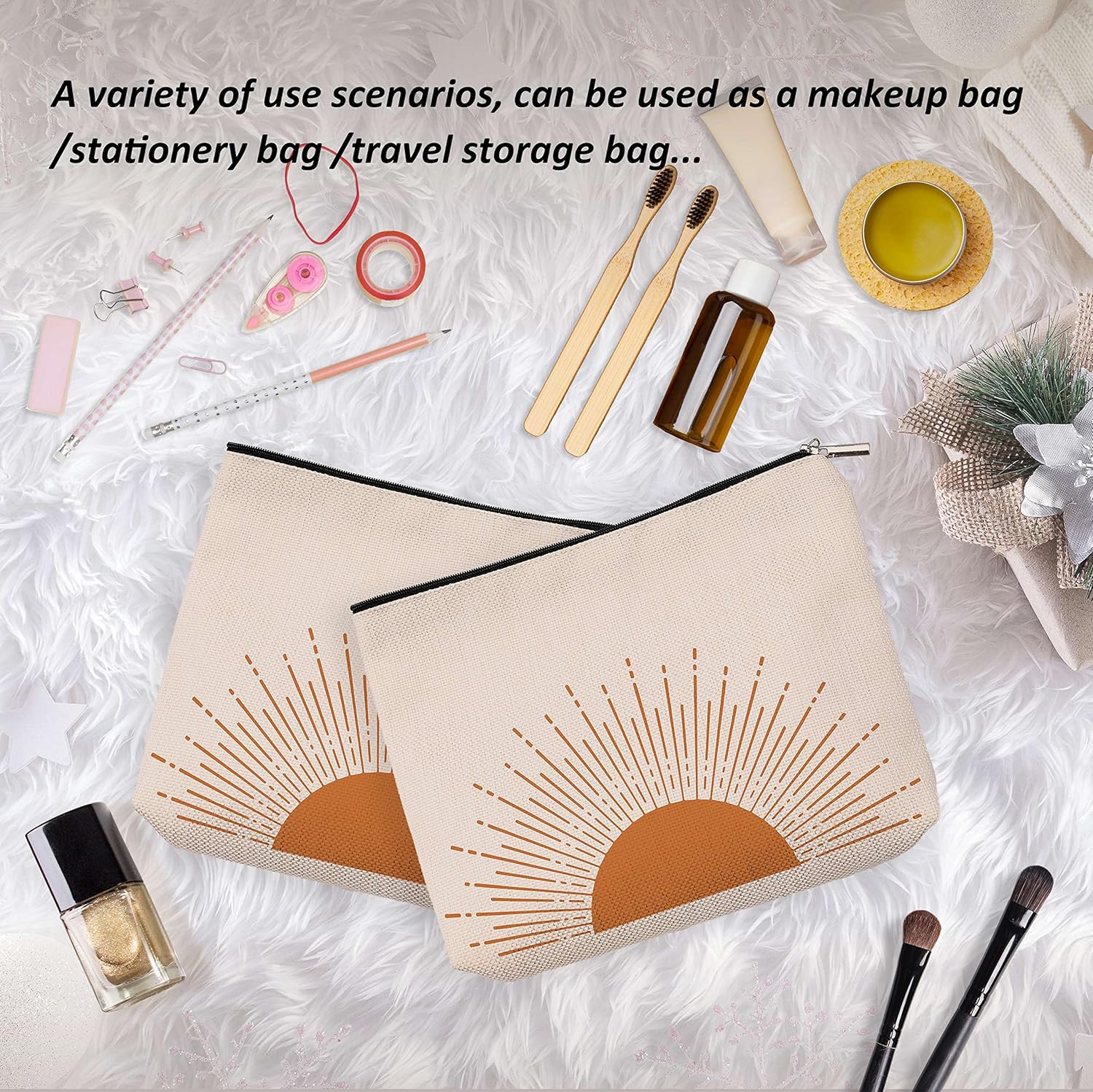 Bolsa de maquillaje abstracta Boho Sun Sunrise Sunshine Ray, bolsa de maquillaje de arte moderno de mediados de siglo, bolsa de viaje, bolsa de