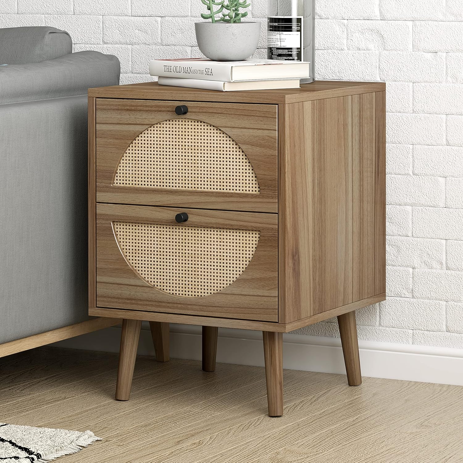 ORRD Juego de 2 mesitas de noche de ratán con cajones de almacenamiento, mesa auxiliar de madera para decoración del hogar para sala de estar,