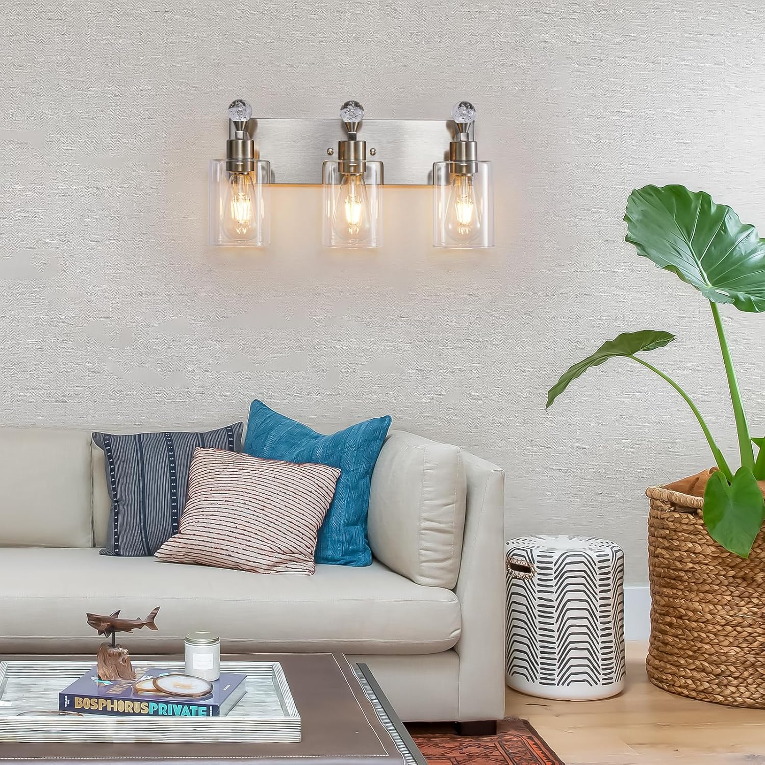 Lámparas de baño de 3 luces, lámpara de tocador de baño de níquel cepillado, accesorios de iluminación de tocador con pantalla de vidrio resistente,
