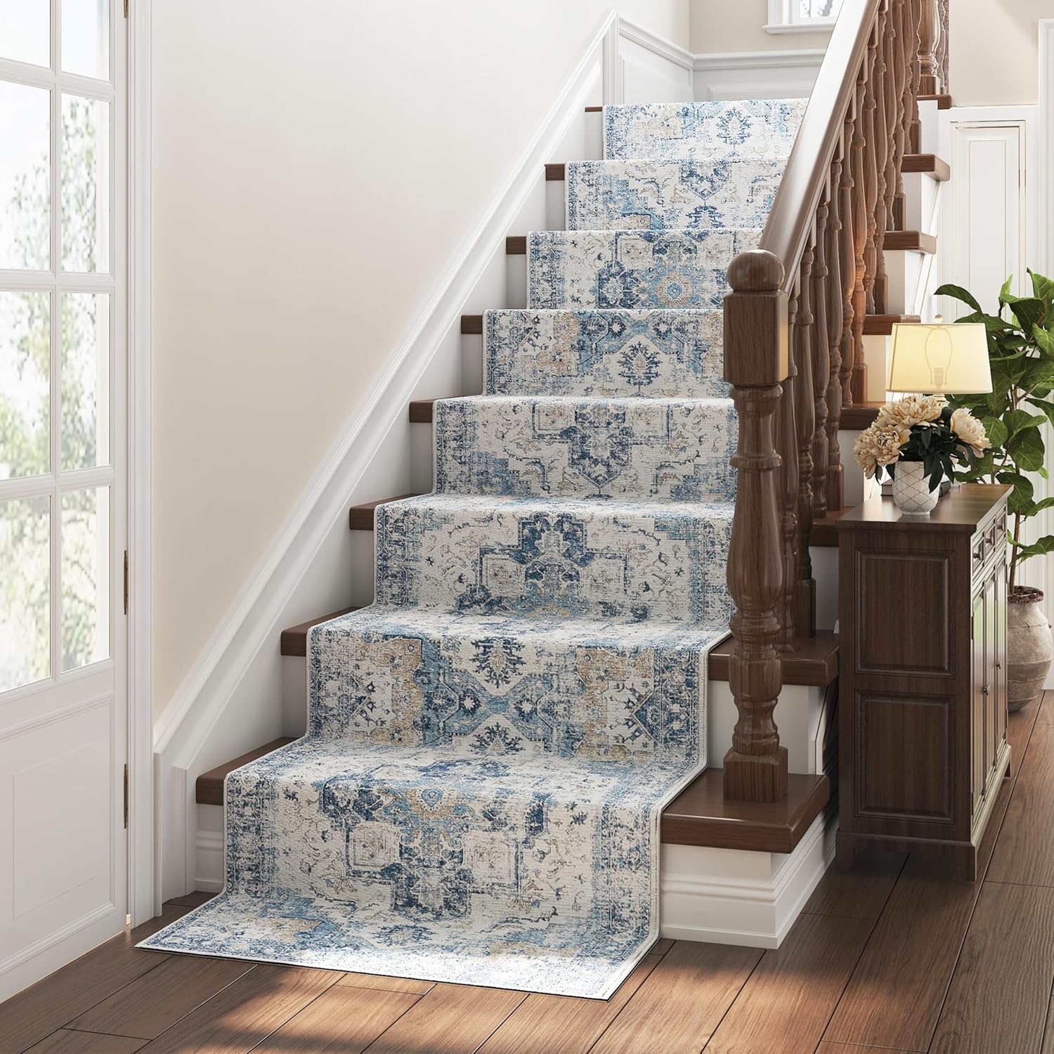 jinchan – Alfombra persa para interiores, con estampado, color azul, envejecida, delgada, de felpilla, ligera, que contrasta con la decoración,