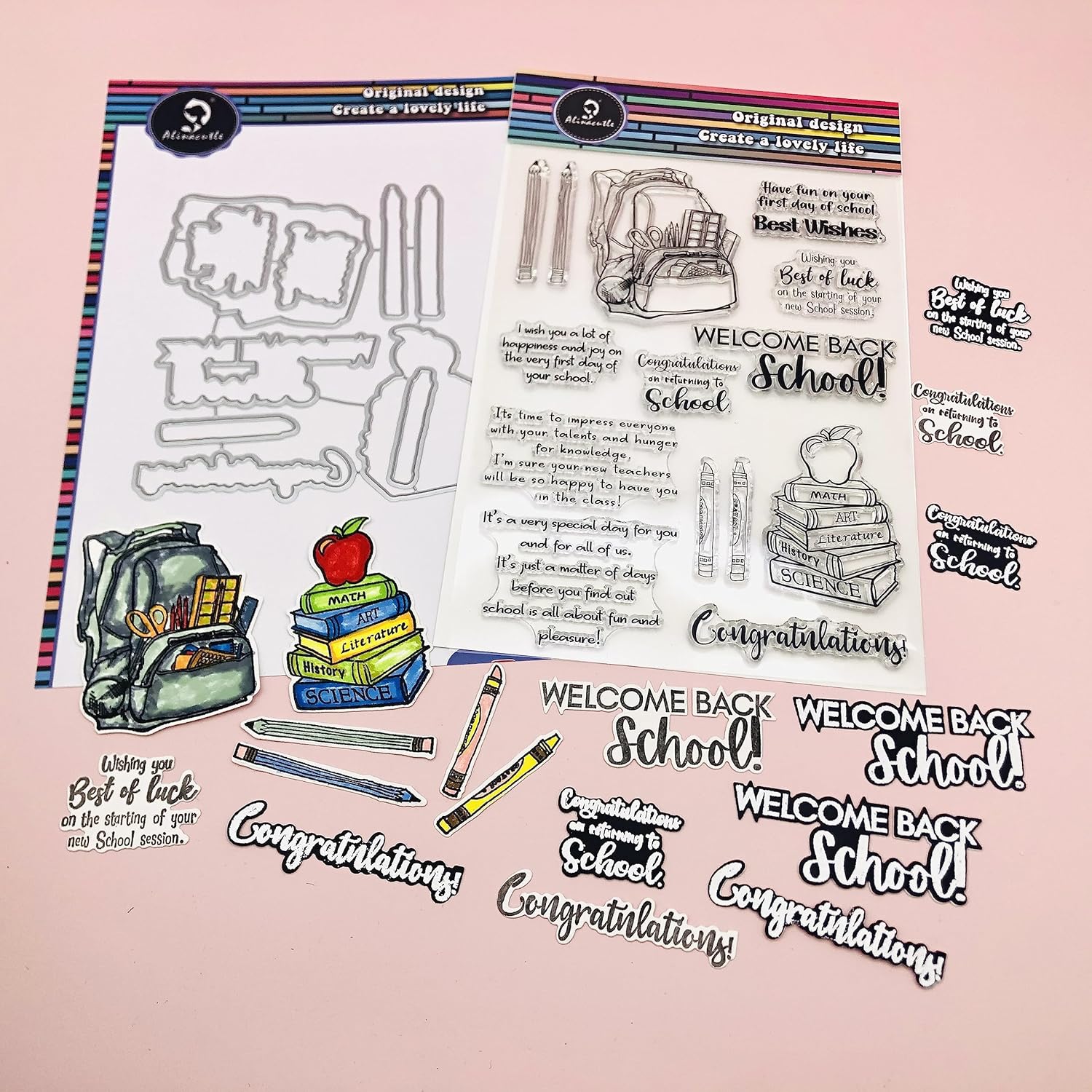 Alinacutle Sellos transparentes de bienvenida a la escuela y 1 juego de sellos transparentes con marco de corte de metal troquelado para