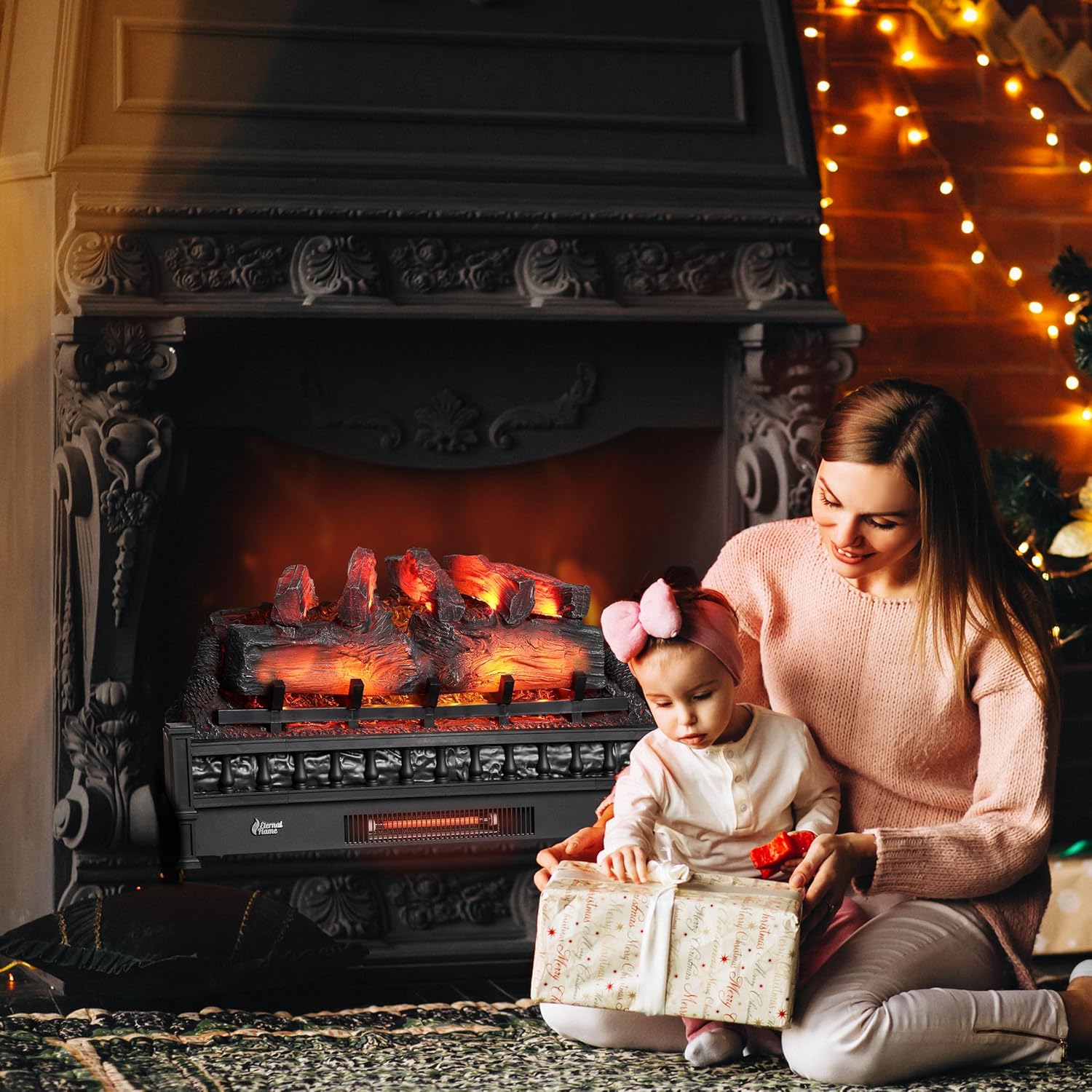 TURBRO Eternal Flame – Calentador eléctrico de cuarzo infrarrojo WiFi de 30 pulgadas con sonido crujiente, troncos de madera de pino realistas,