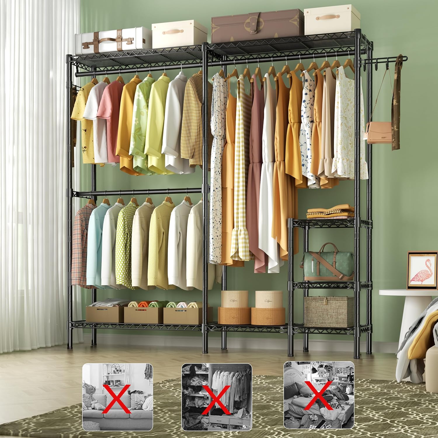 Perchero resistente para colgar ropa, perchero de metal grande con estantes de alambre ajustables de 4 niveles, 3 barras de suspensión y 2 ganchos,