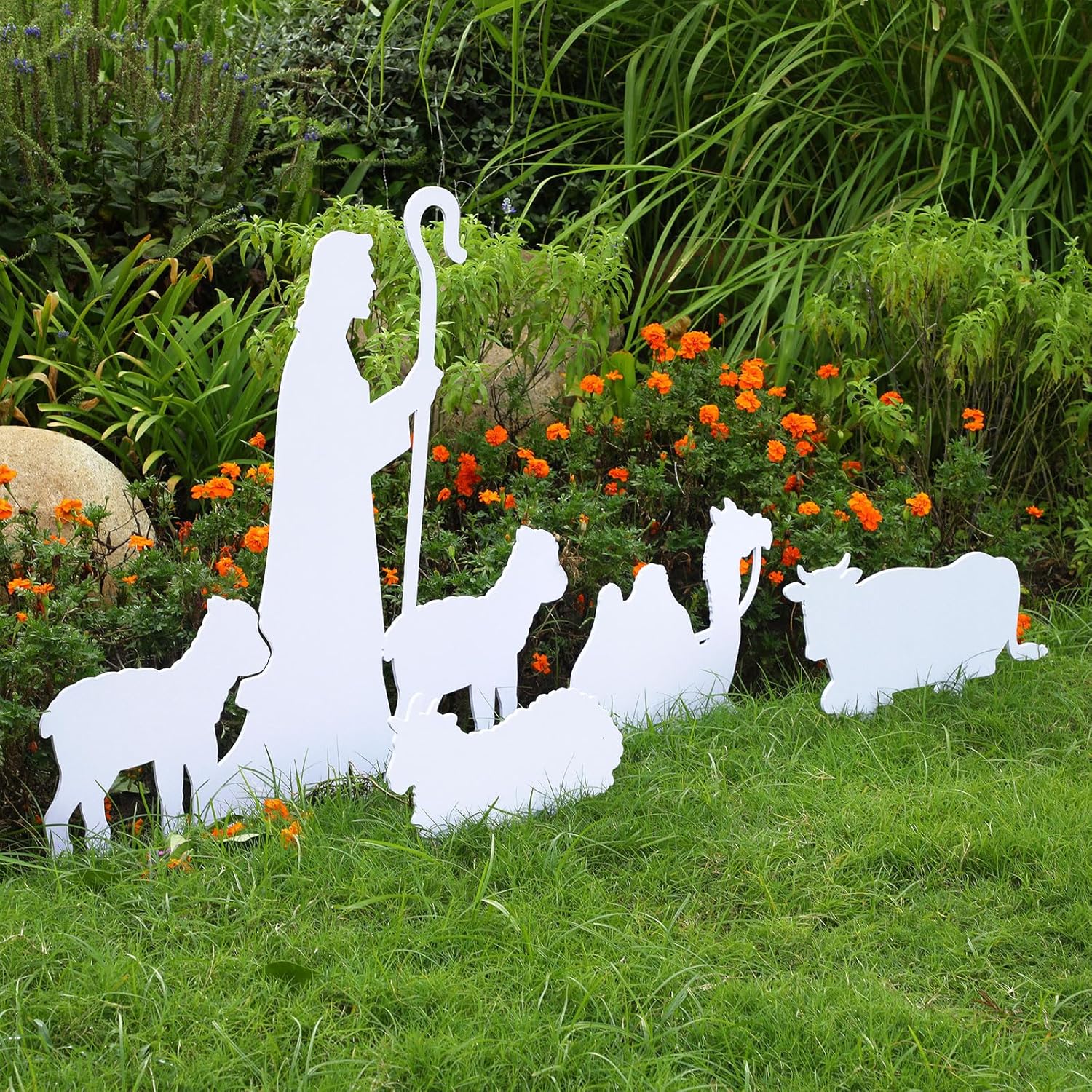 Zonon 4 piezas de Belén al aire libre para patio, resistente a la intemperie, juegos de pesebre con ovejas, camello buey para Navidad, decoración al