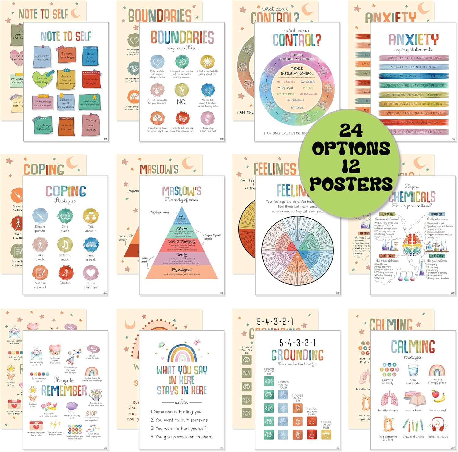 24 pósteres coloridos de salud mental, 12 piezas de terapia de ansiedad, póster motivacional para la oficina, suministros de consejero escolar para
