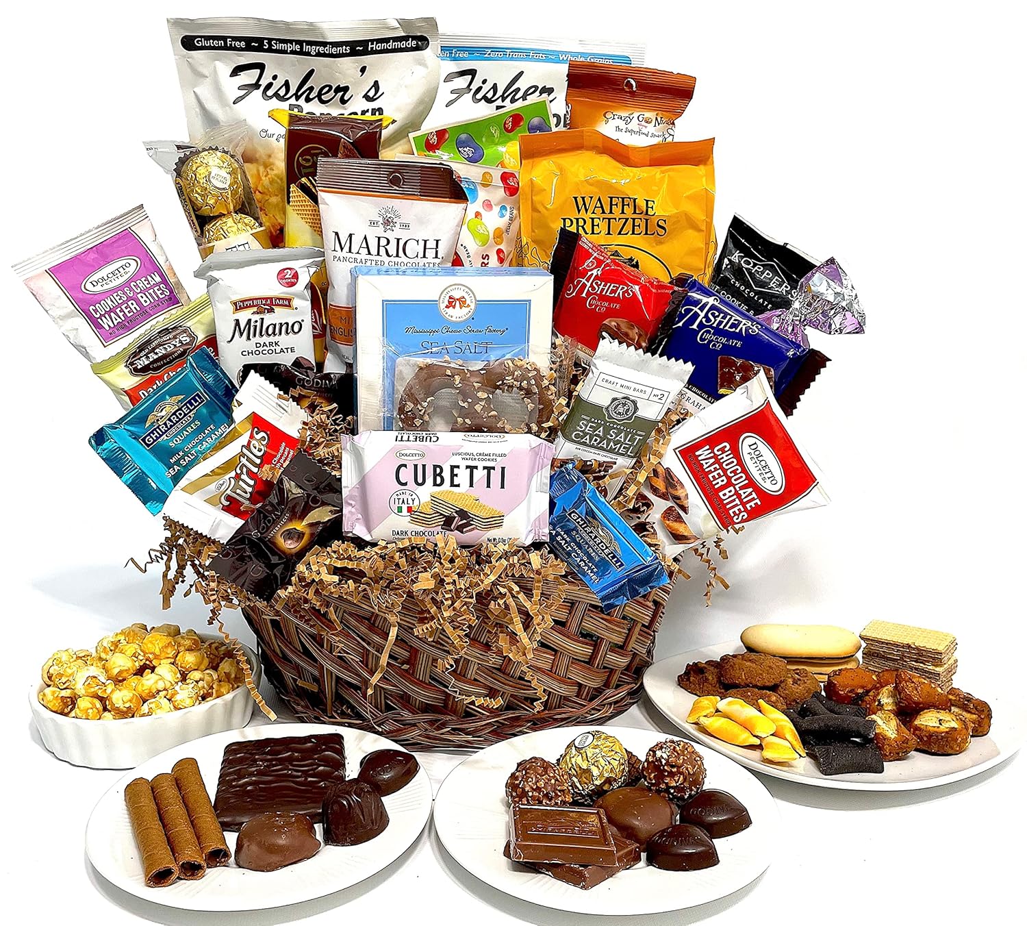 Personaliza tu cesta de regalo de chocolate de 28 piezas de chocolates gourmet, galletas y crujientes. Perfecto para empresas, clientes, empleados,