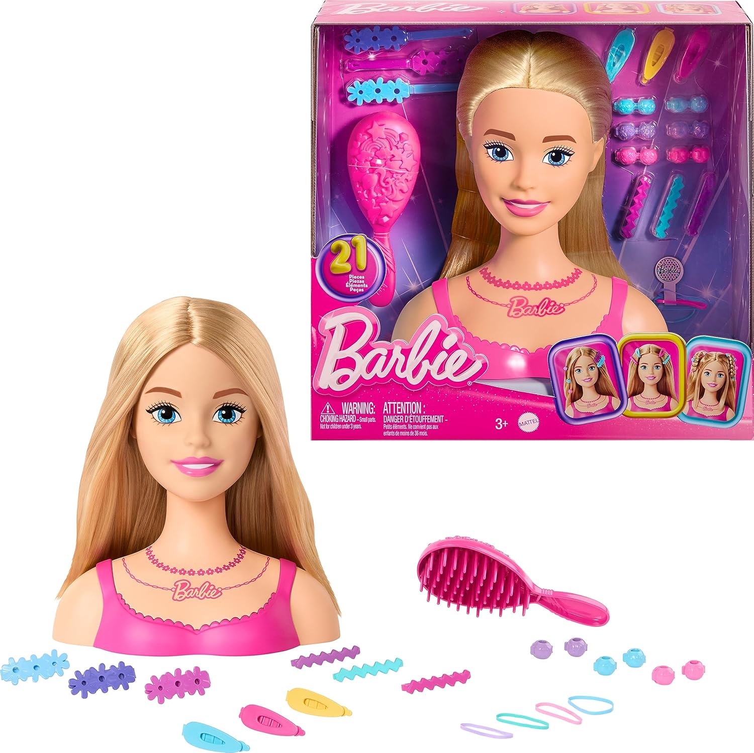Barbie Cabeza de estilo de muñeca, cabello rubio con 20 accesorios coloridos, cabeza de muñeca para peinar el cabello