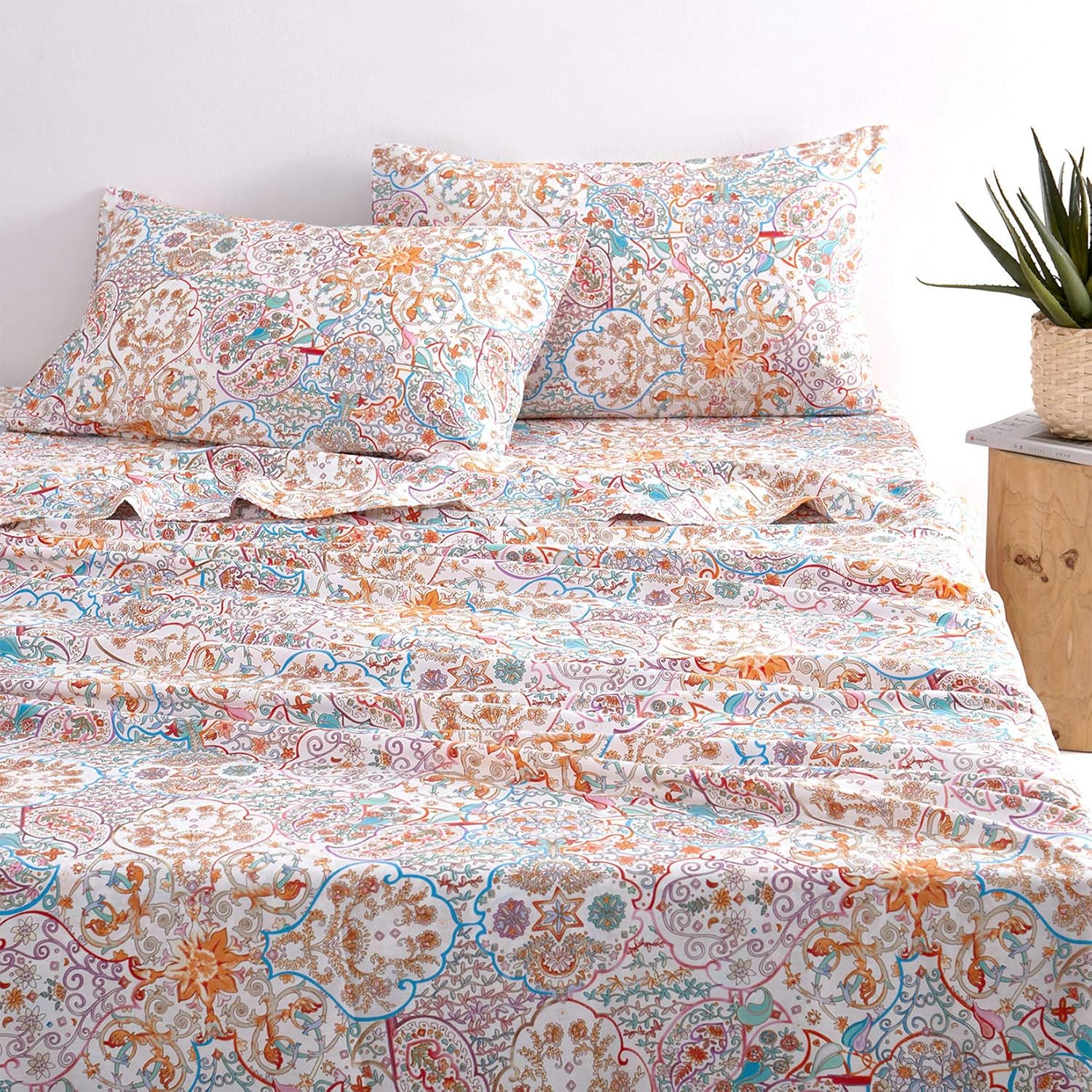 Wake In Cloud – Juego de sábanas bohemias, ropa de cama 100% algodón, estampado de mandala indio bohemio chic (4 piezas, tamaño matrimonial)