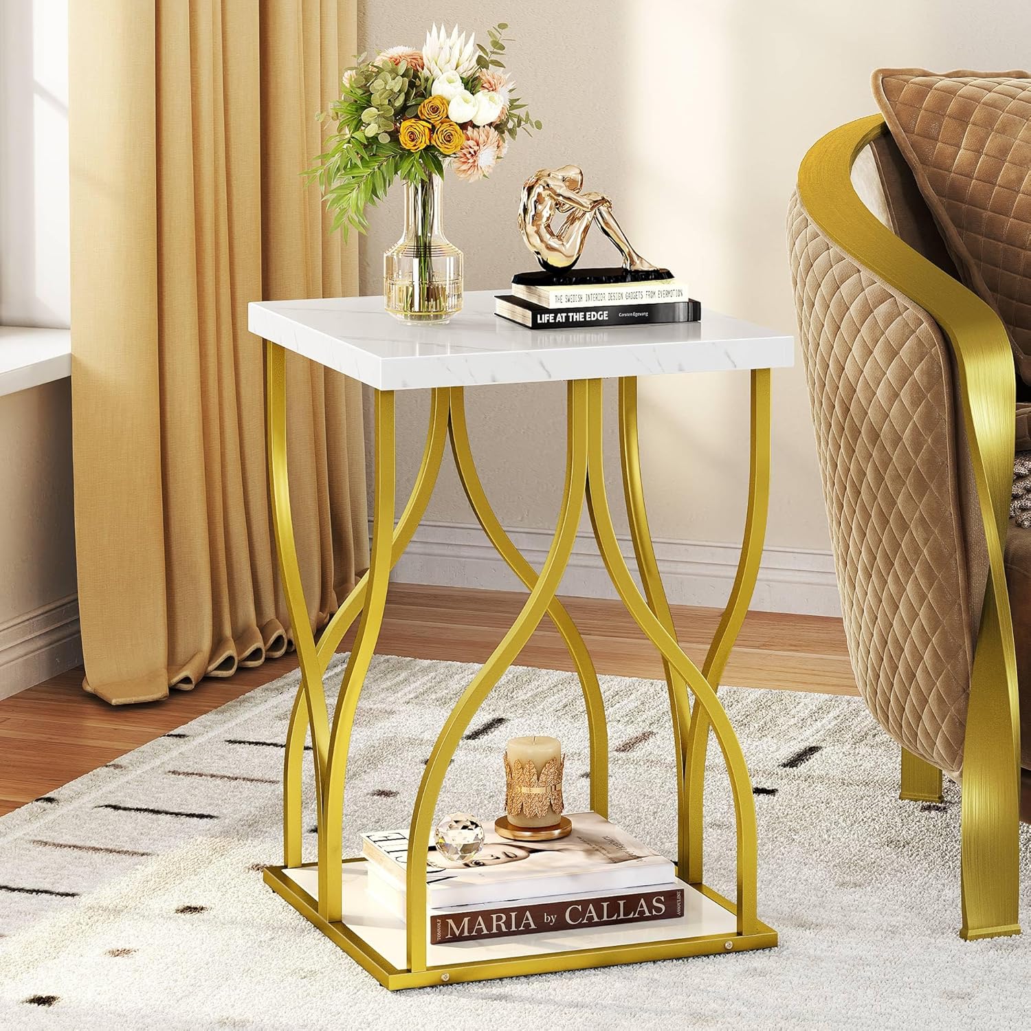 YITAHOME Mesa auxiliar para sala de estar, moderna mesa auxiliar de mármol dorado con estante de almacenamiento de 2 niveles, mesa de centro