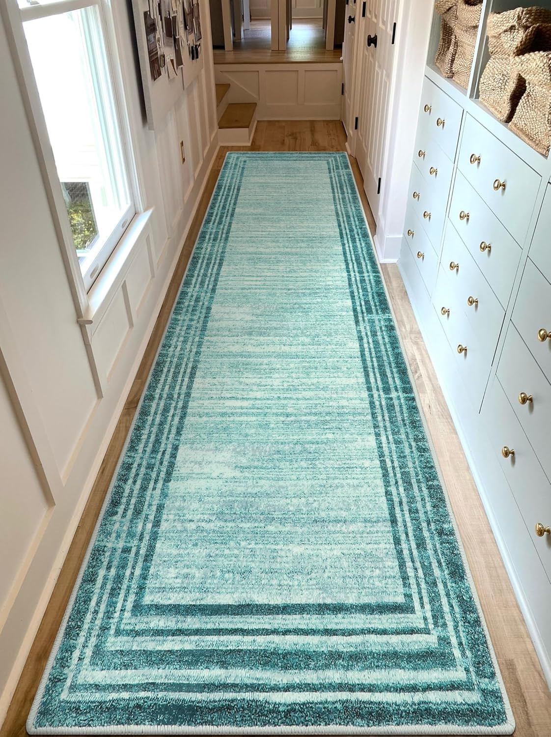 Lahome Alfombra moderna abstracta verde azulado de 2.5 x 10 pies, lavable, antideslizante, resistente a las manchas, parte trasera de goma,